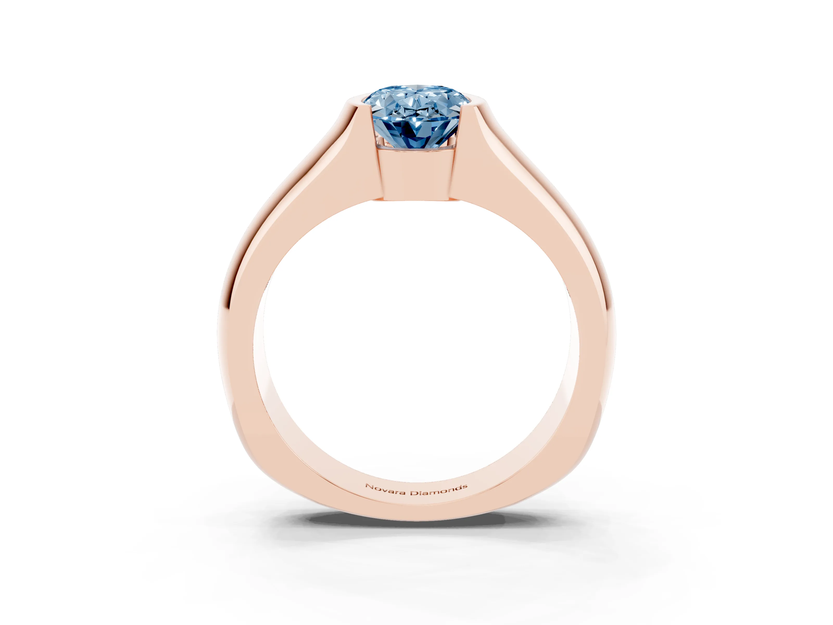 Fancy Blue Oval Cut Diamond Bezel Solitaire Ring Set in Rose gold with Wide Band