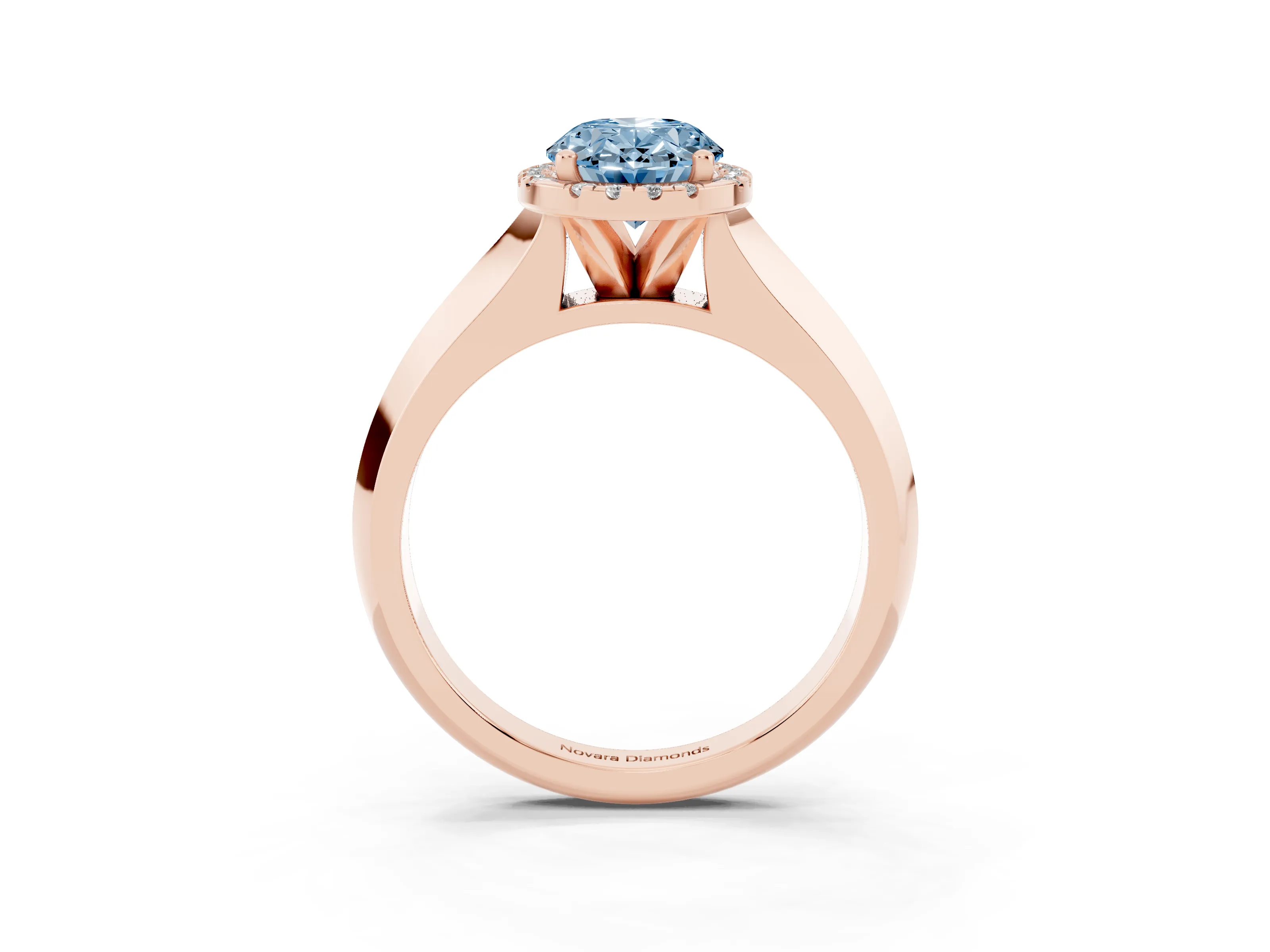 Fancy Blue Oval Cut Diamond Halo Ring Set in Rose gold with Cathedral Band and Prong Setting