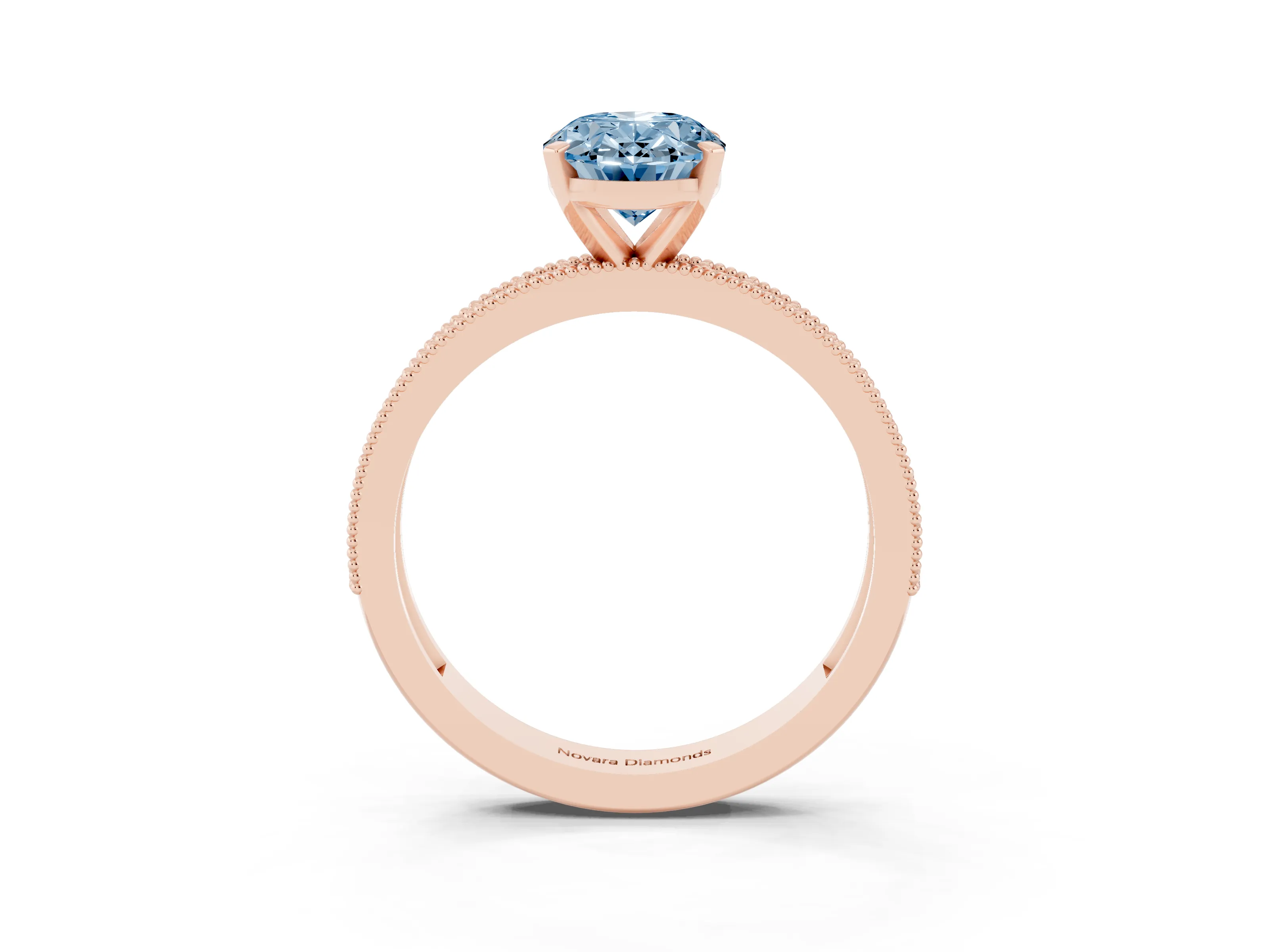 Fancy Blue Oval Cut Diamond Milgrain Pavé Engagement Ring Set in Rose gold with Prong Setting