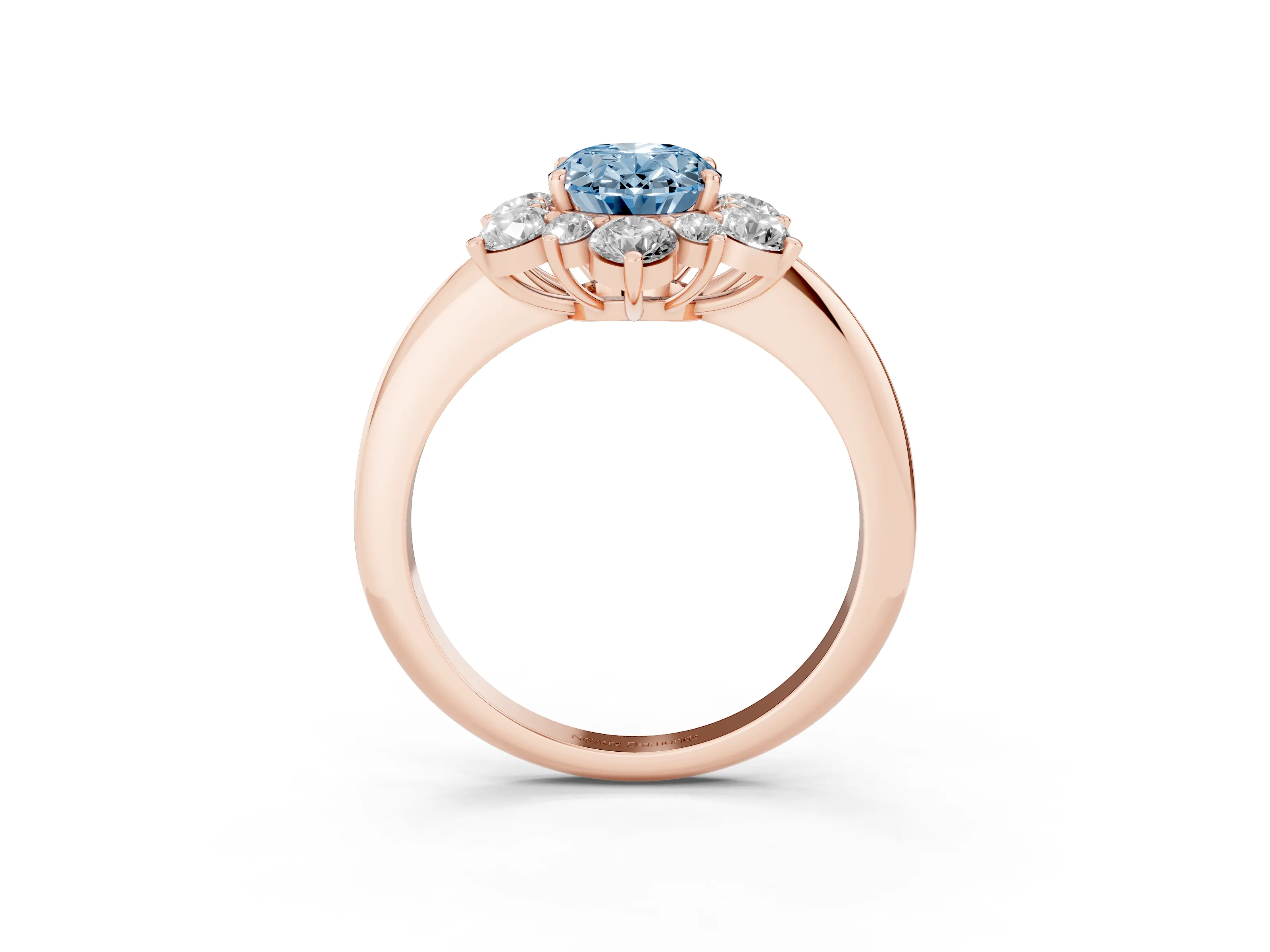 Fancy Blue Oval Cut Diamond Cluster Halo Ring Set in Rose gold with Solitaire Band and Prong Setting
