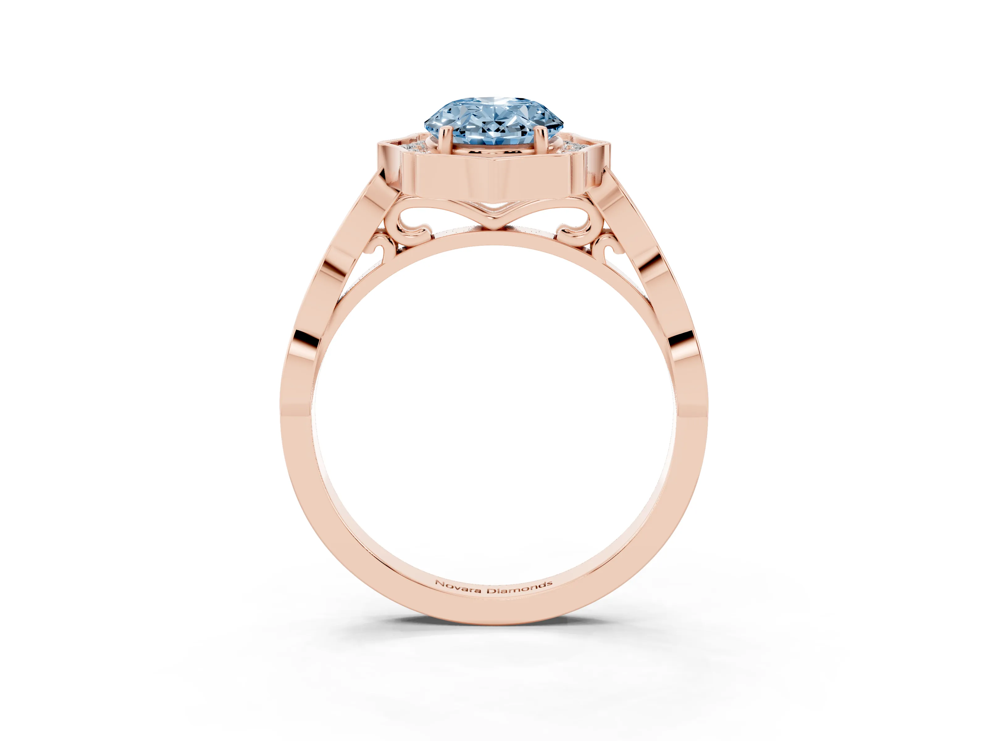 Fancy Blue Oval Cut Diamond Halo Engagement Ring Set in Rose gold with Milgrain Band and Prong Setting