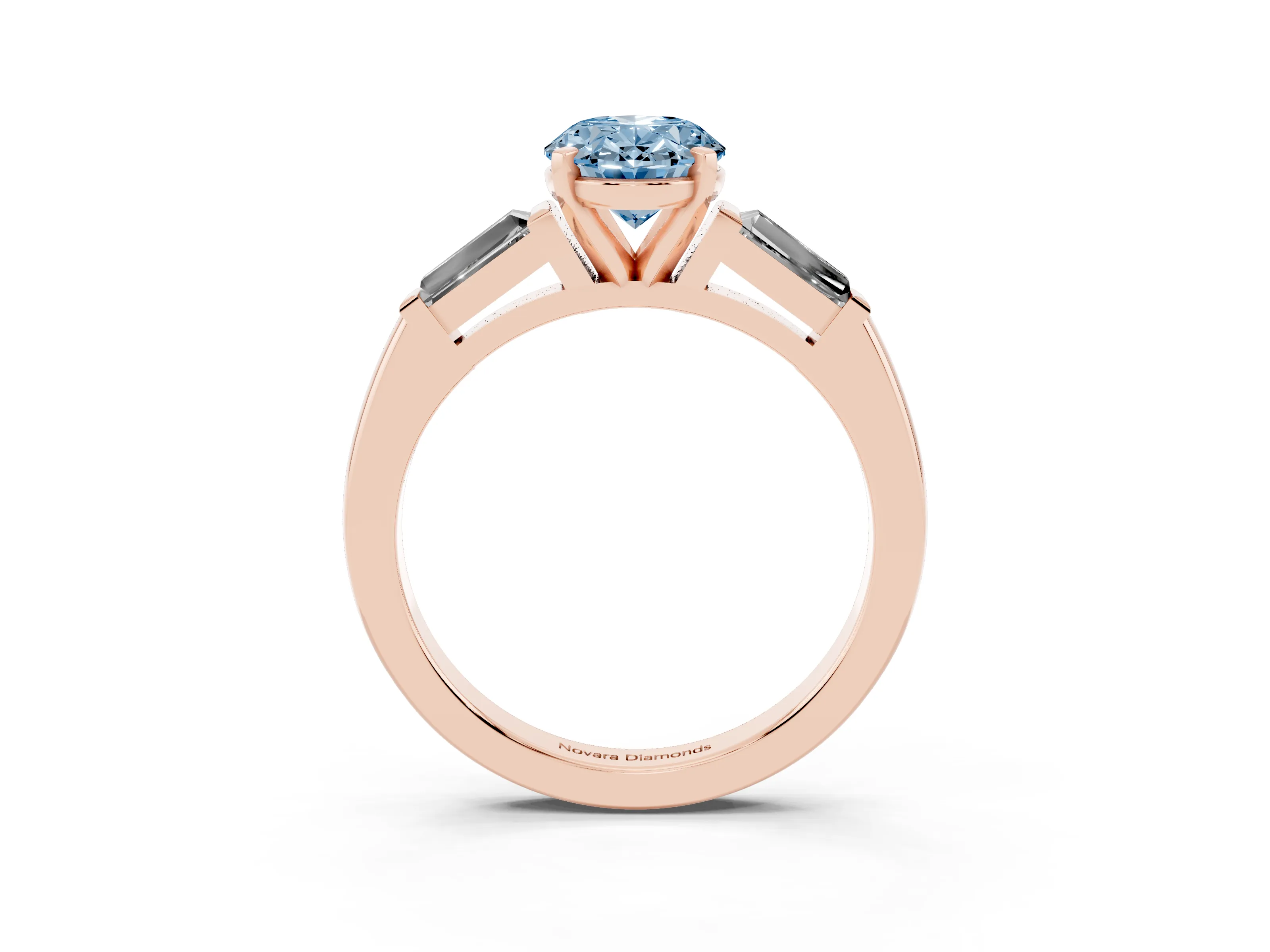 Fancy Blue Oval Cut Diamond Solitaire Ring Set in Rose gold with Tapered Baguette Side Stones and Prong Setting