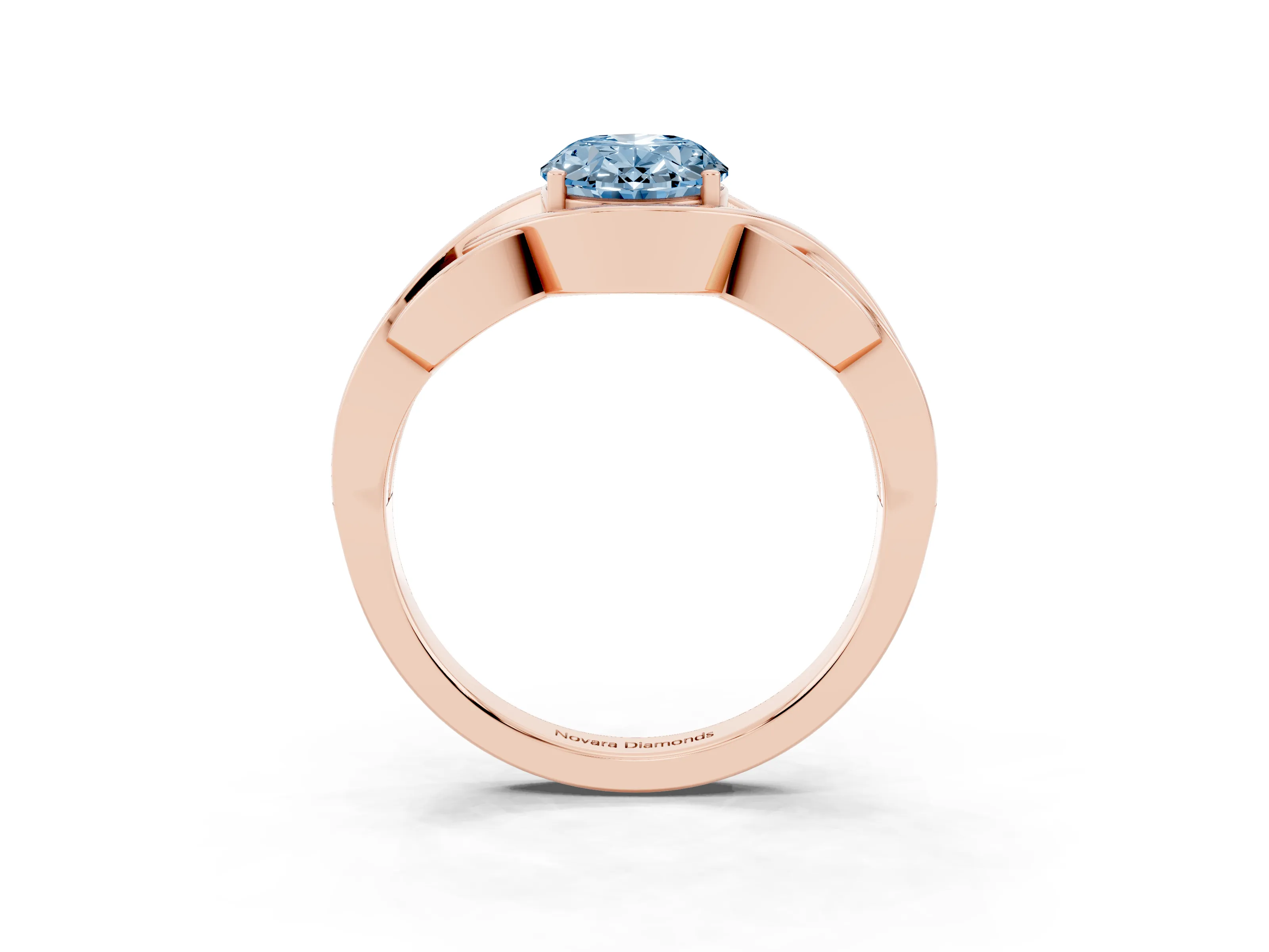 Fancy Blue Oval Cut Diamond Solitaire Ring Set in Rose gold with Intertwined Band