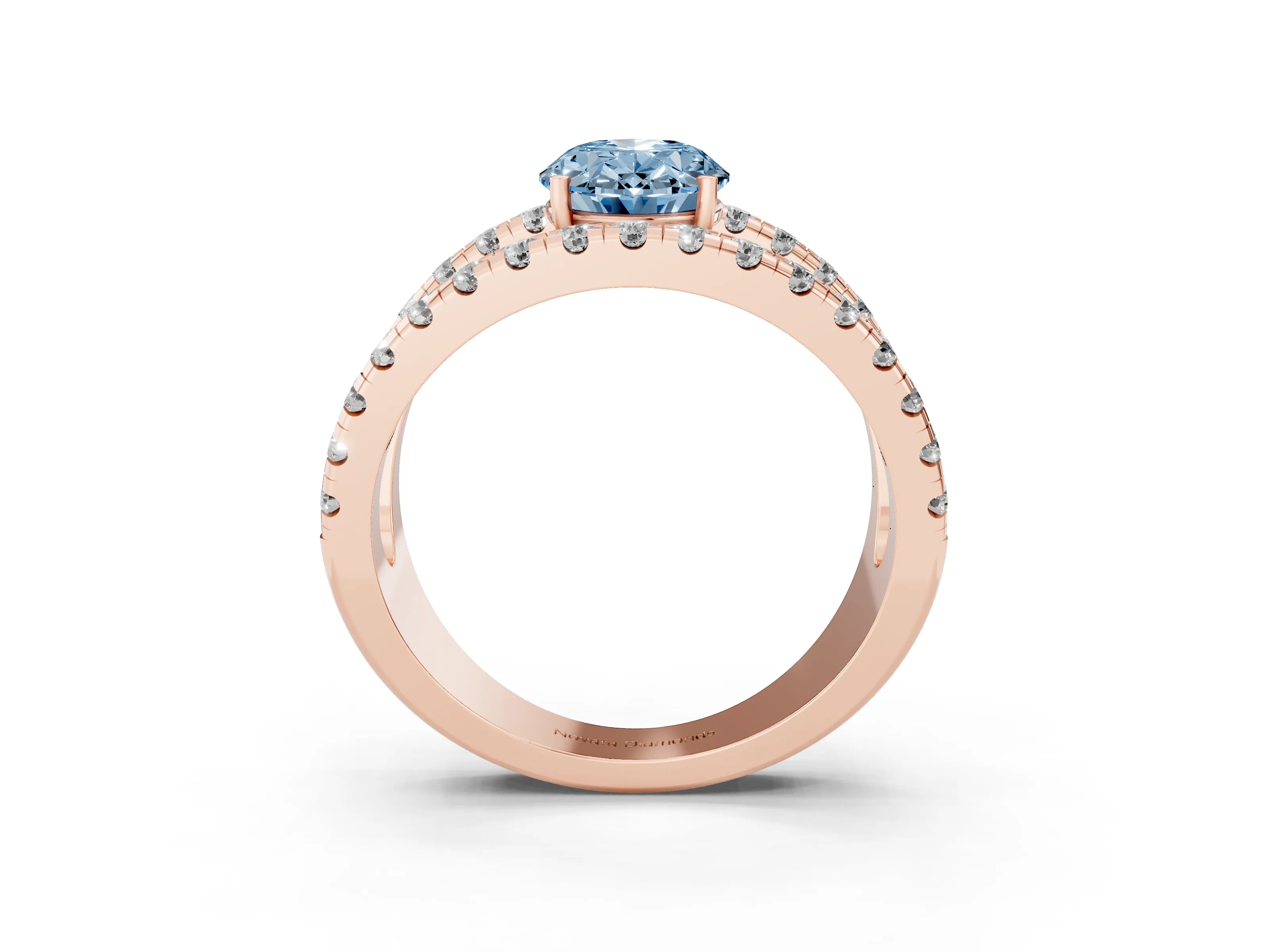 Fancy Blue Oval Cut Diamond Split Shank Pavé Solitaire Ring Set in Rose gold with Open Shank Design
