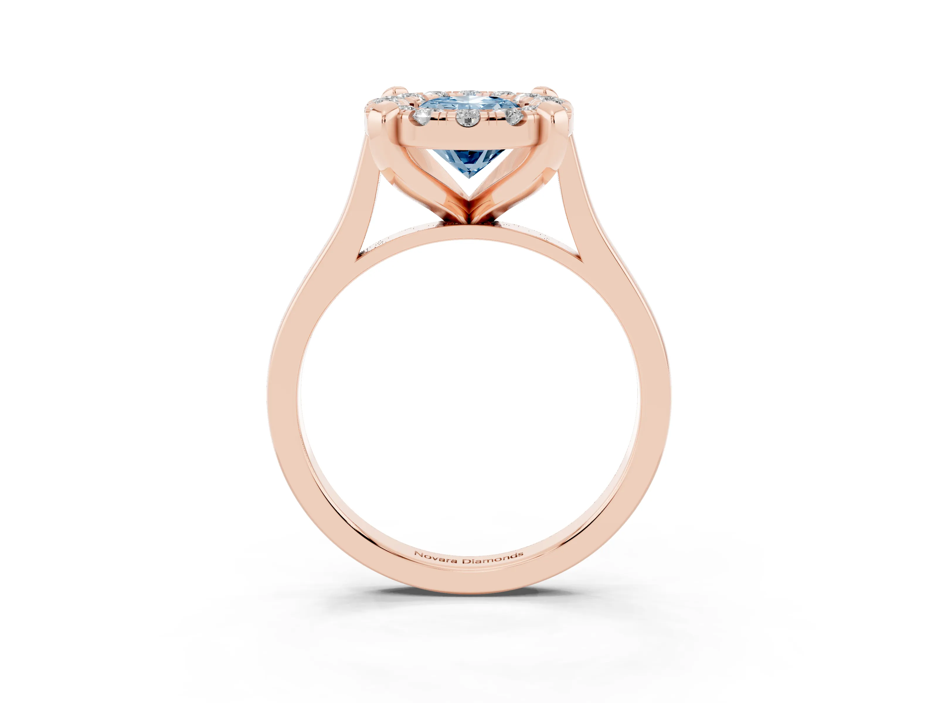 Fancy Blue Oval Cut Diamond Cluster Halo Solitaire Ring Set in Rose gold with Prong Setting