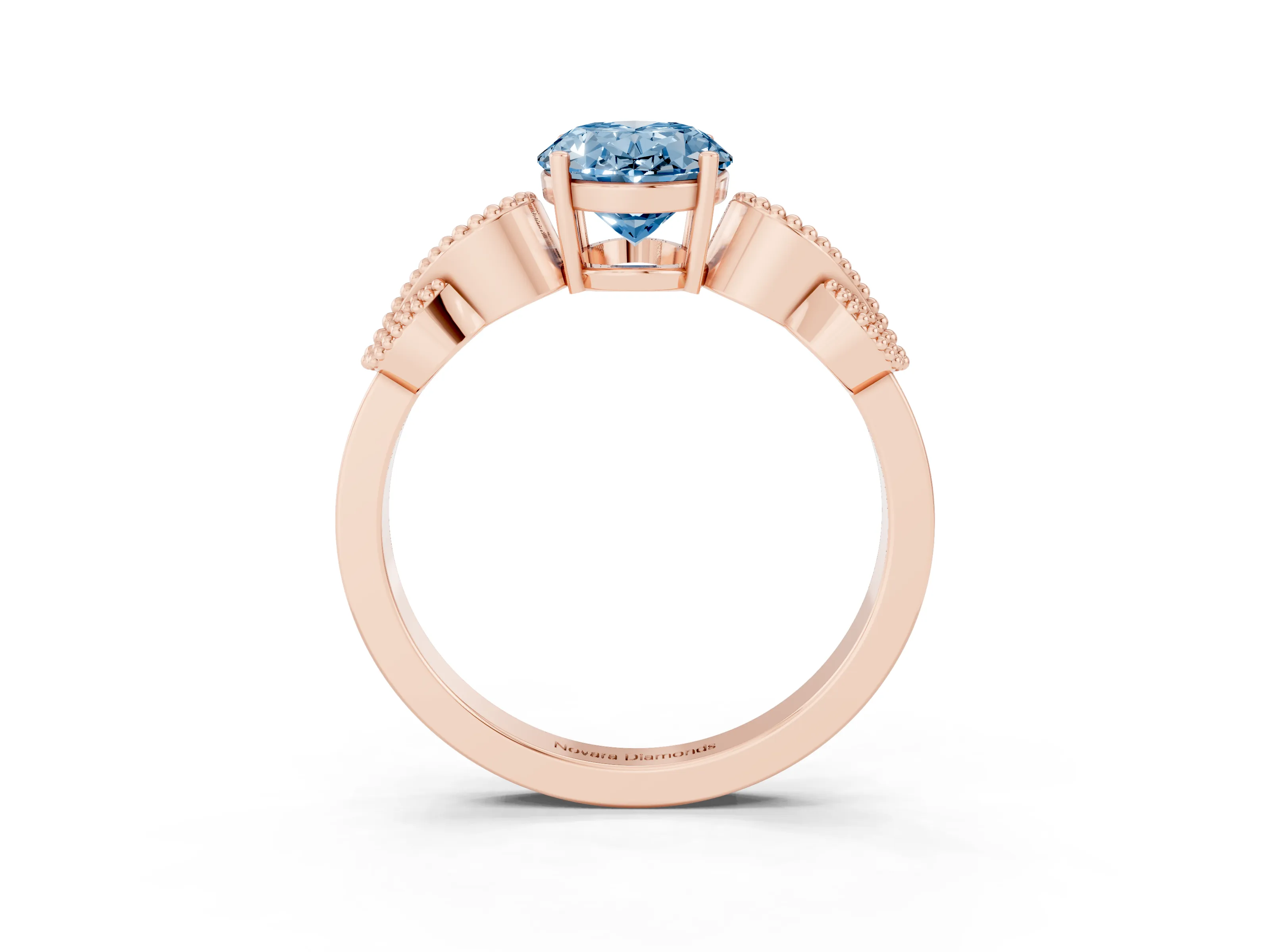 Fancy Blue Oval Cut Diamond Milgrain Leaf Band Solitaire Ring Set in Rose gold with Accent Stones and Prong Setting