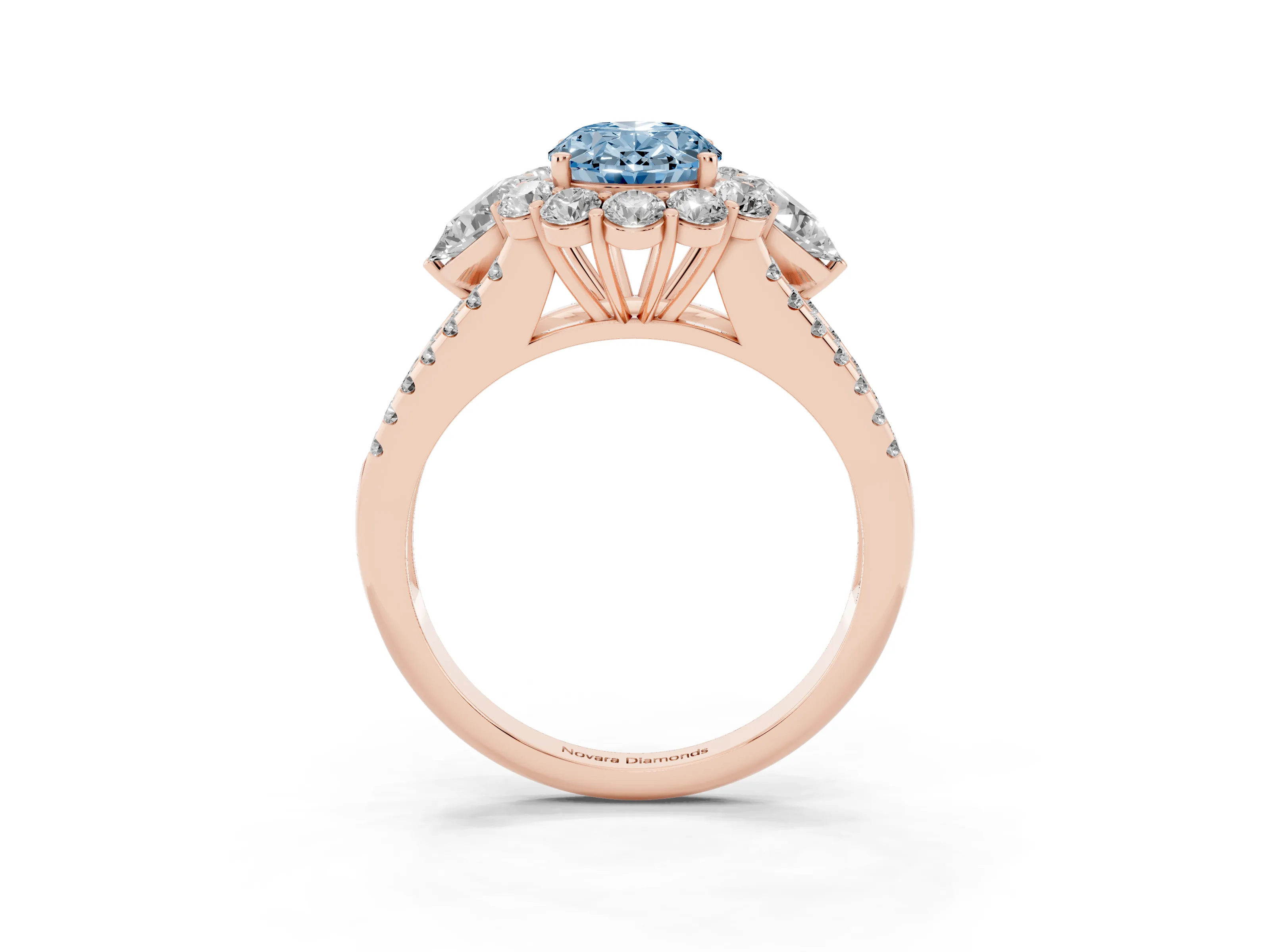 Fancy Blue Oval Cut Diamond Halo Split Shank Engagement Ring Set in Rose gold with Prong-Held Center Stone