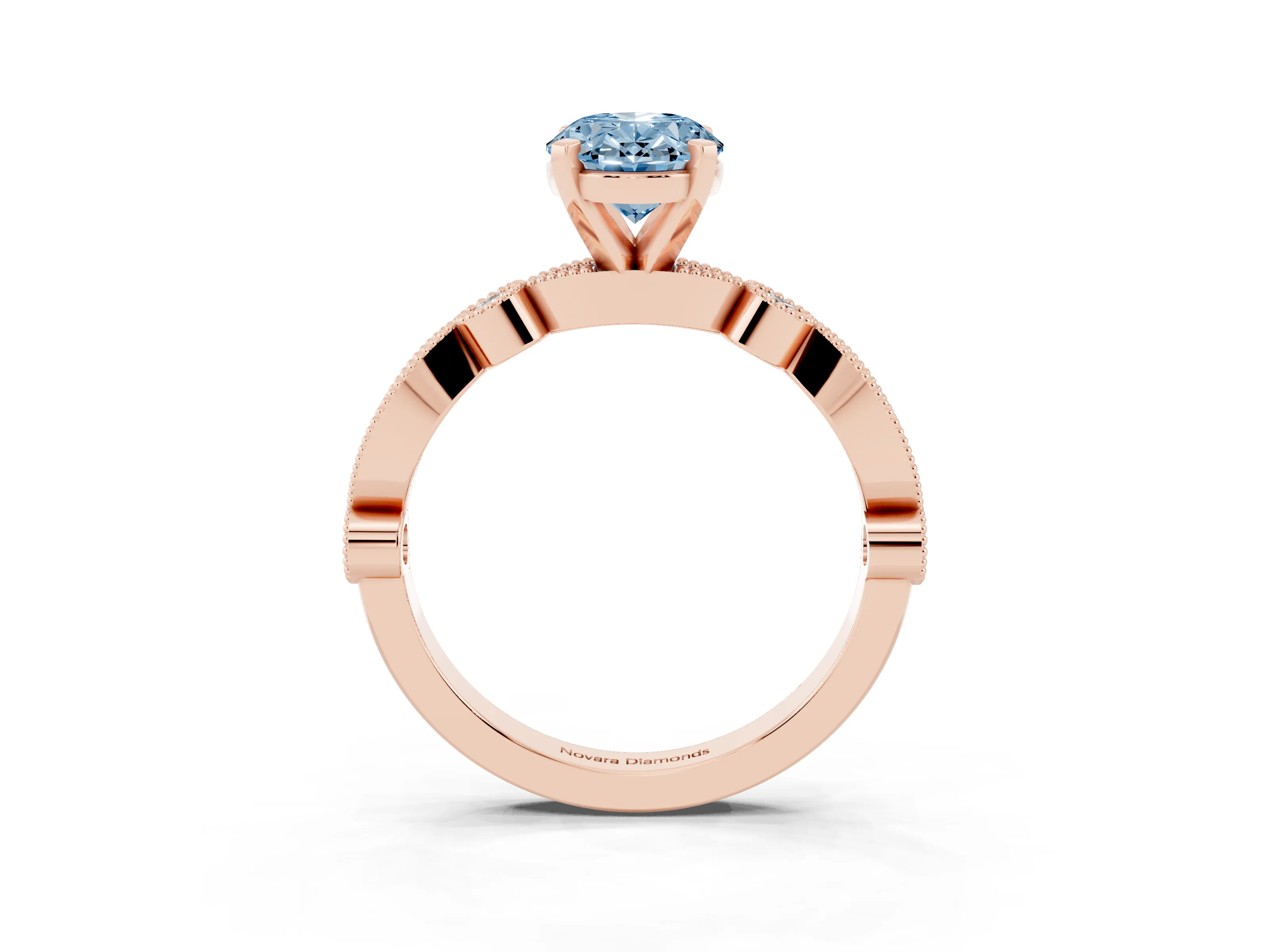 Fancy Blue Oval Cut Diamond Solitaire Engagement Ring Set in Rose gold with Milgrain Bezel Accent Band