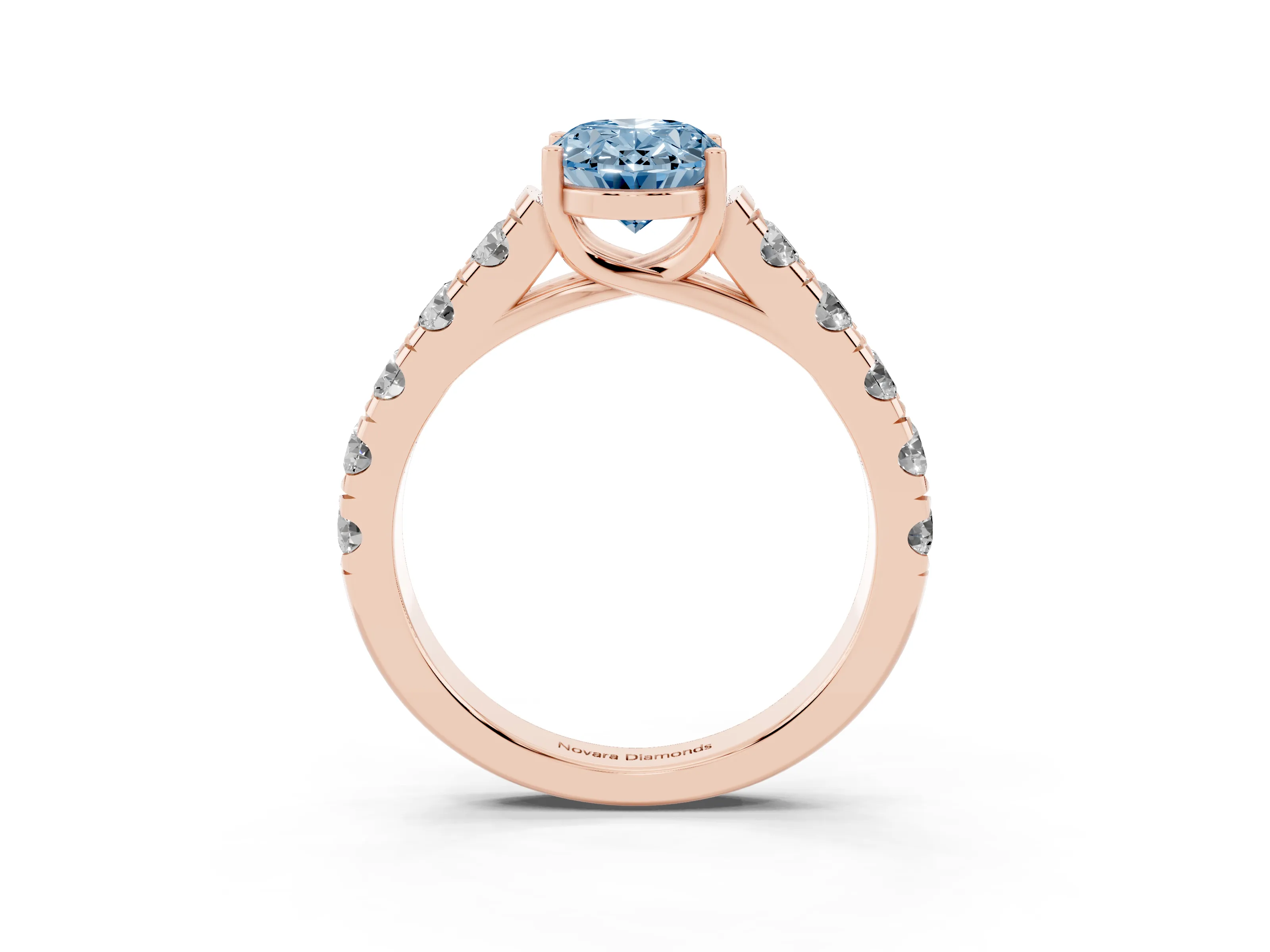 Fancy Blue Oval Cut Diamond Solitaire Ring Set in Rose gold with Cut-Down Micro Pavé Band and Prong Setting