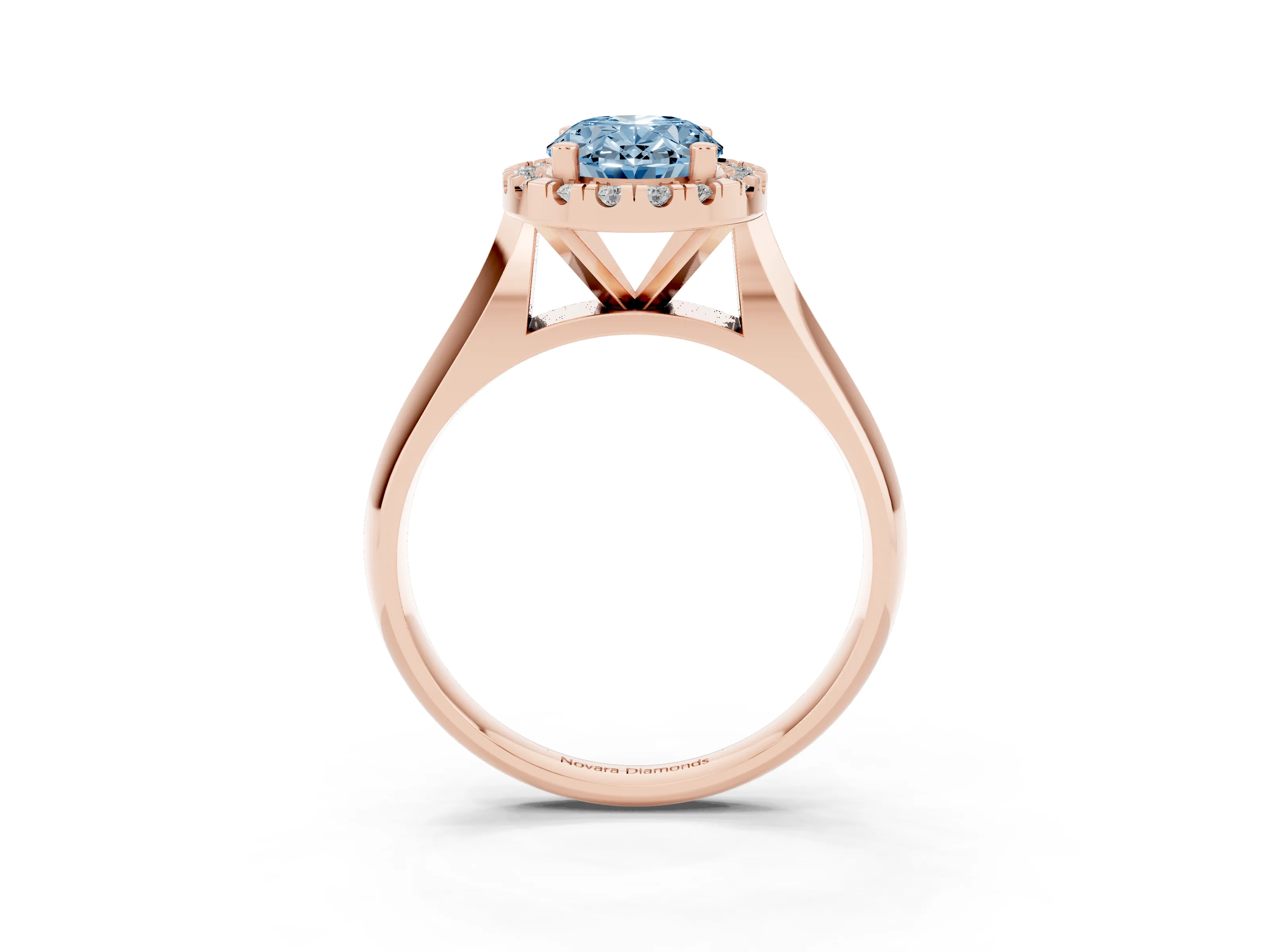 Fancy Blue Oval Cut Diamond Halo Solitaire Engagement Ring Set in Rose gold with Square Band and Prong Setting