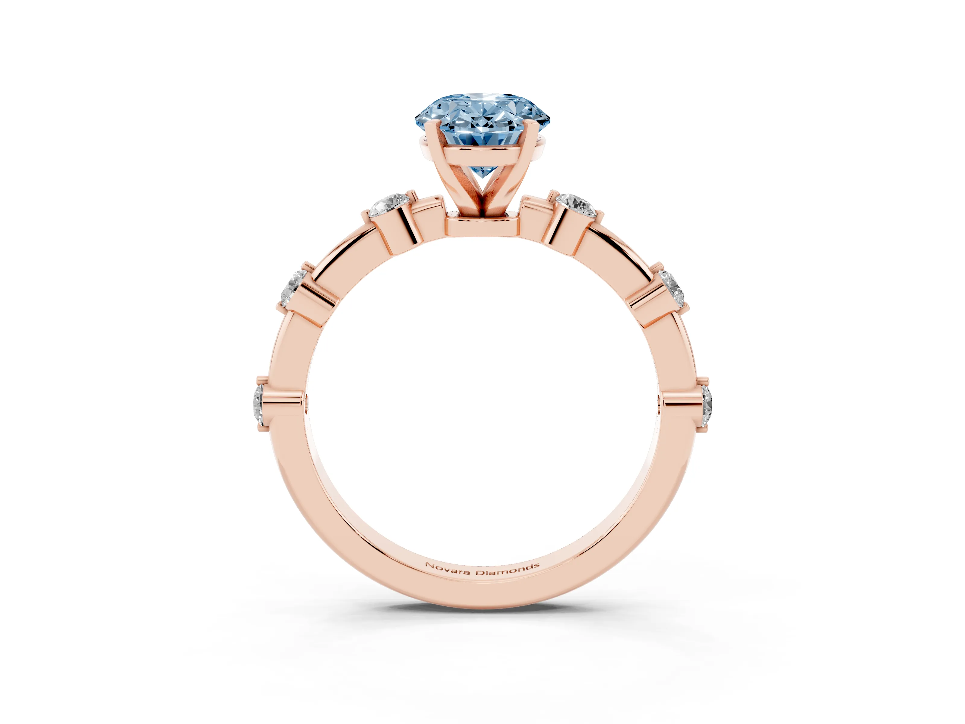 Fancy Blue Oval Cut Diamond Solitaire Ring Set in Rose gold with Bezel Set Side Stones and Prong Setting