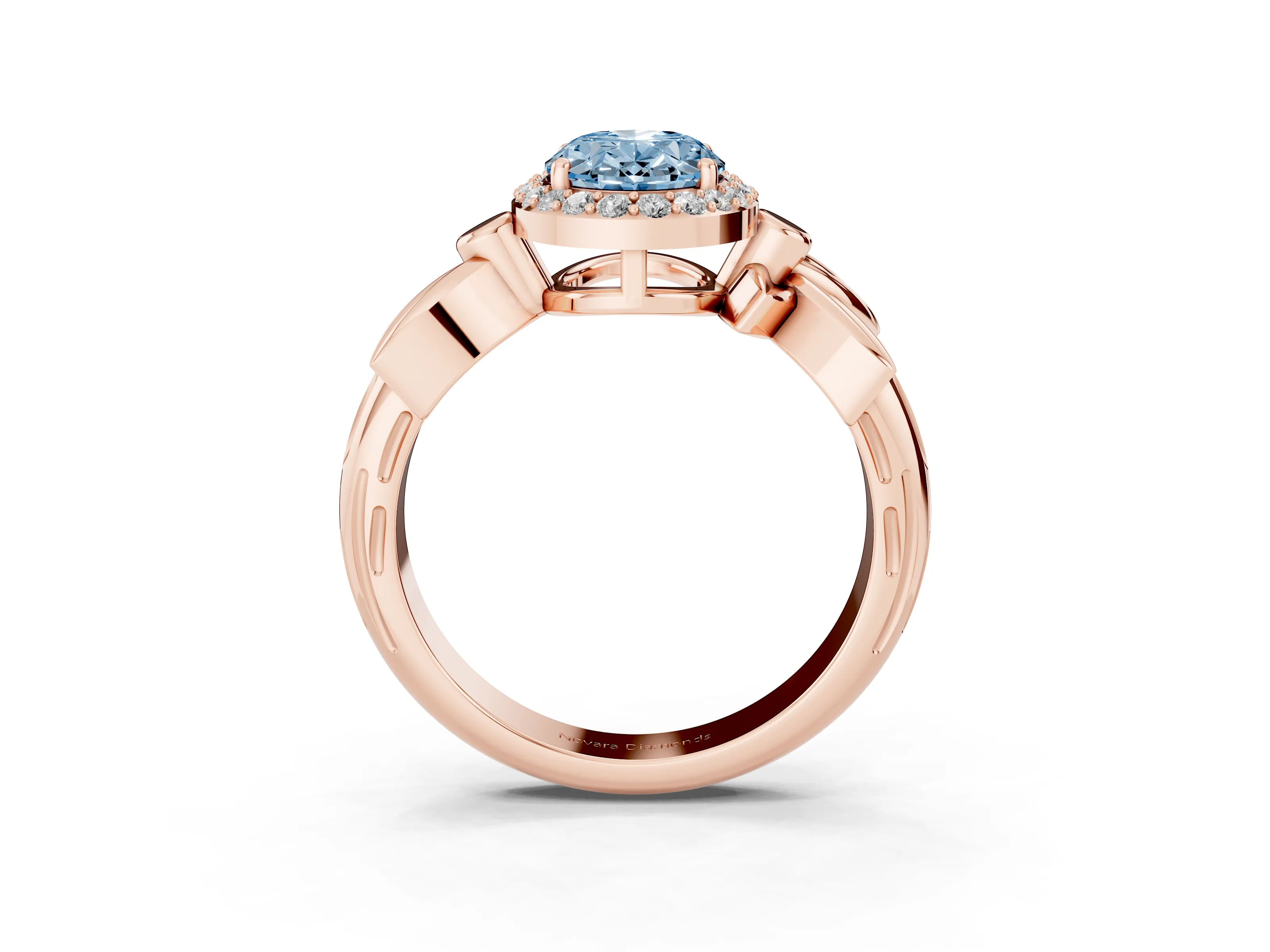 Fancy Blue Oval Cut Diamond Halo Floral Band Ring Set in Rose gold with Prong Setting