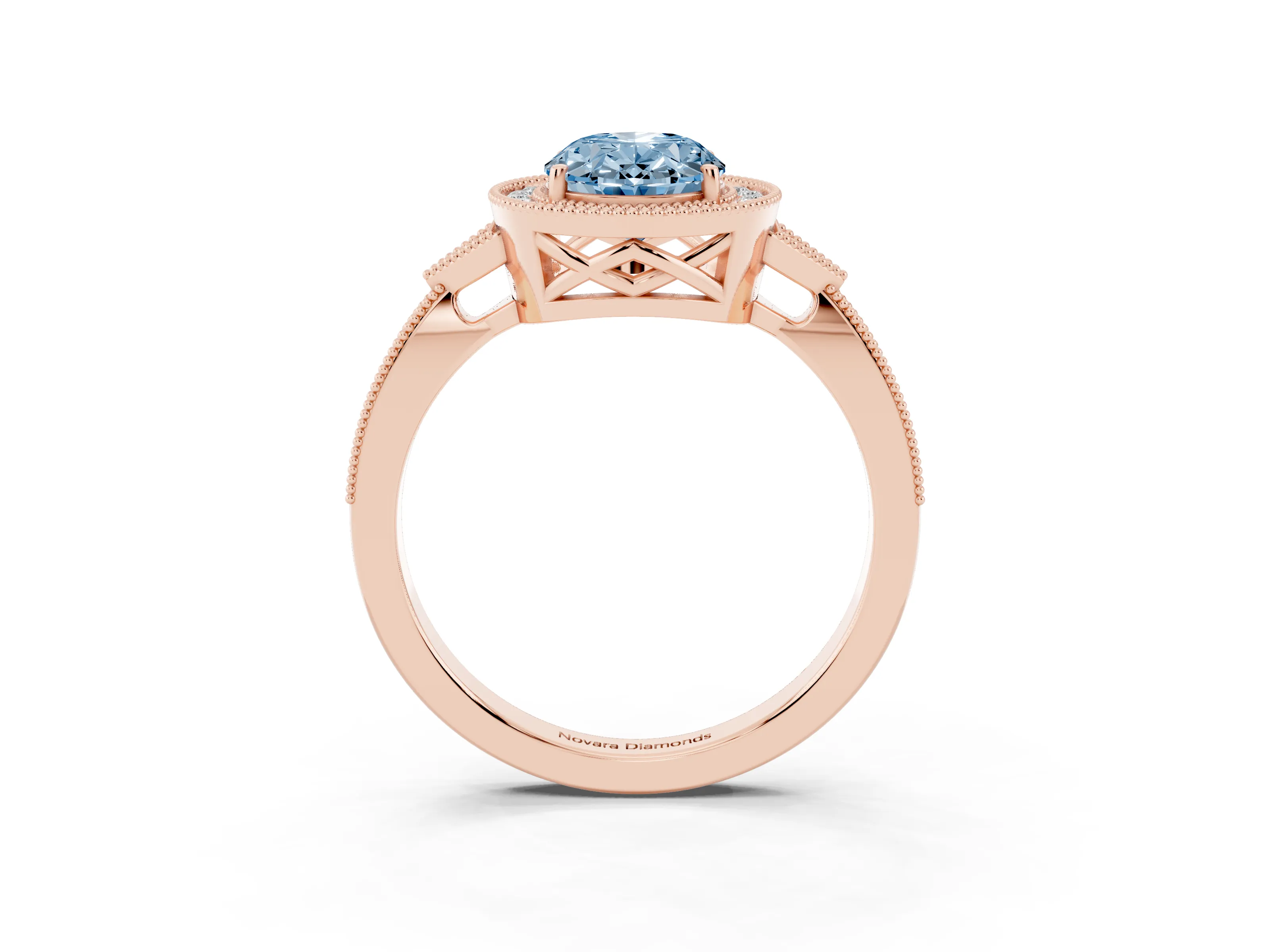 Fancy Blue Oval Cut Diamond Halo Engagement Ring Set in Rose gold with Milgrain Pavé Band