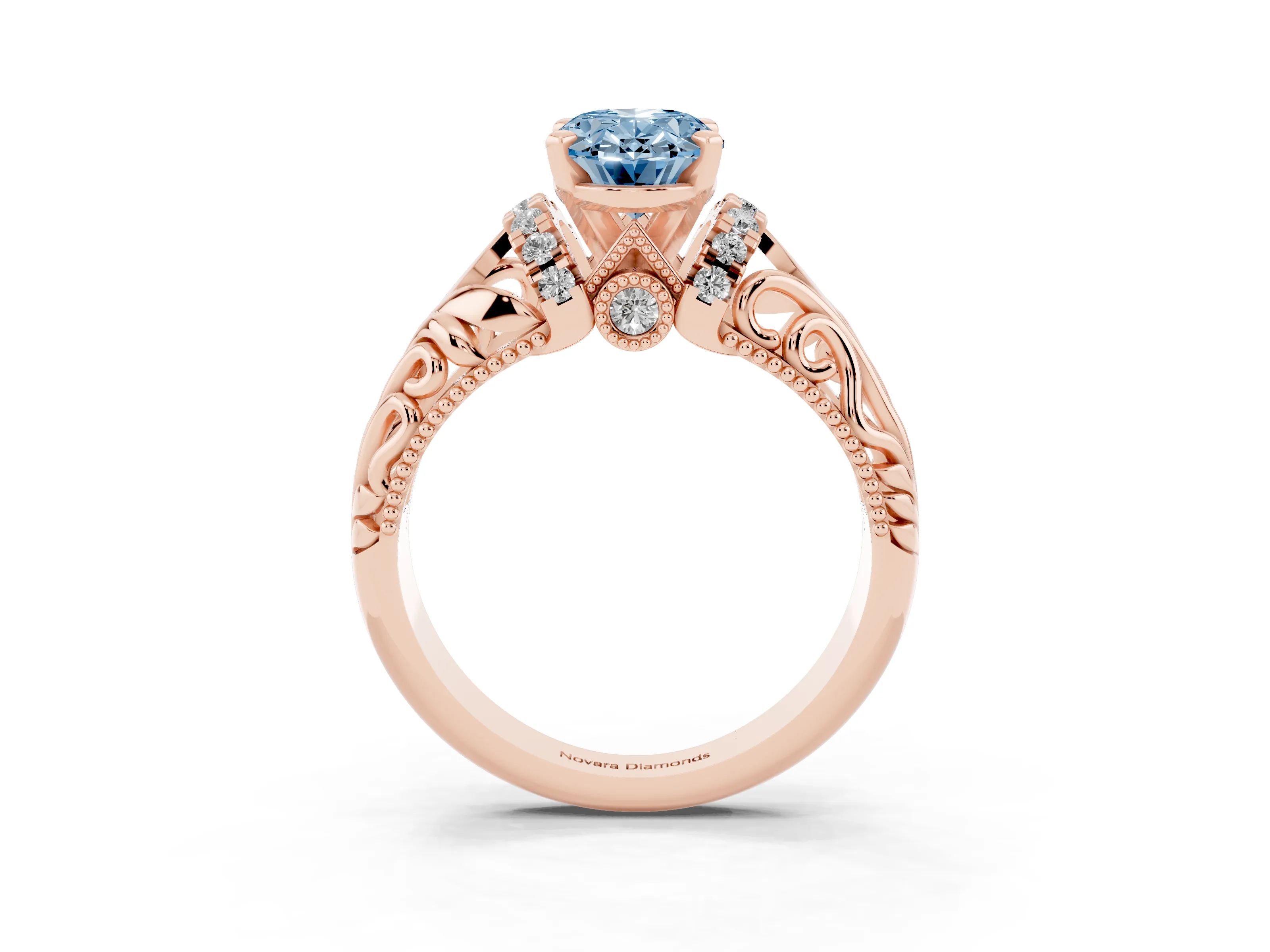 Fancy Blue Oval Cut Diamond Filigree Halo Engagement Ring Set in Rose gold with Prong Setting