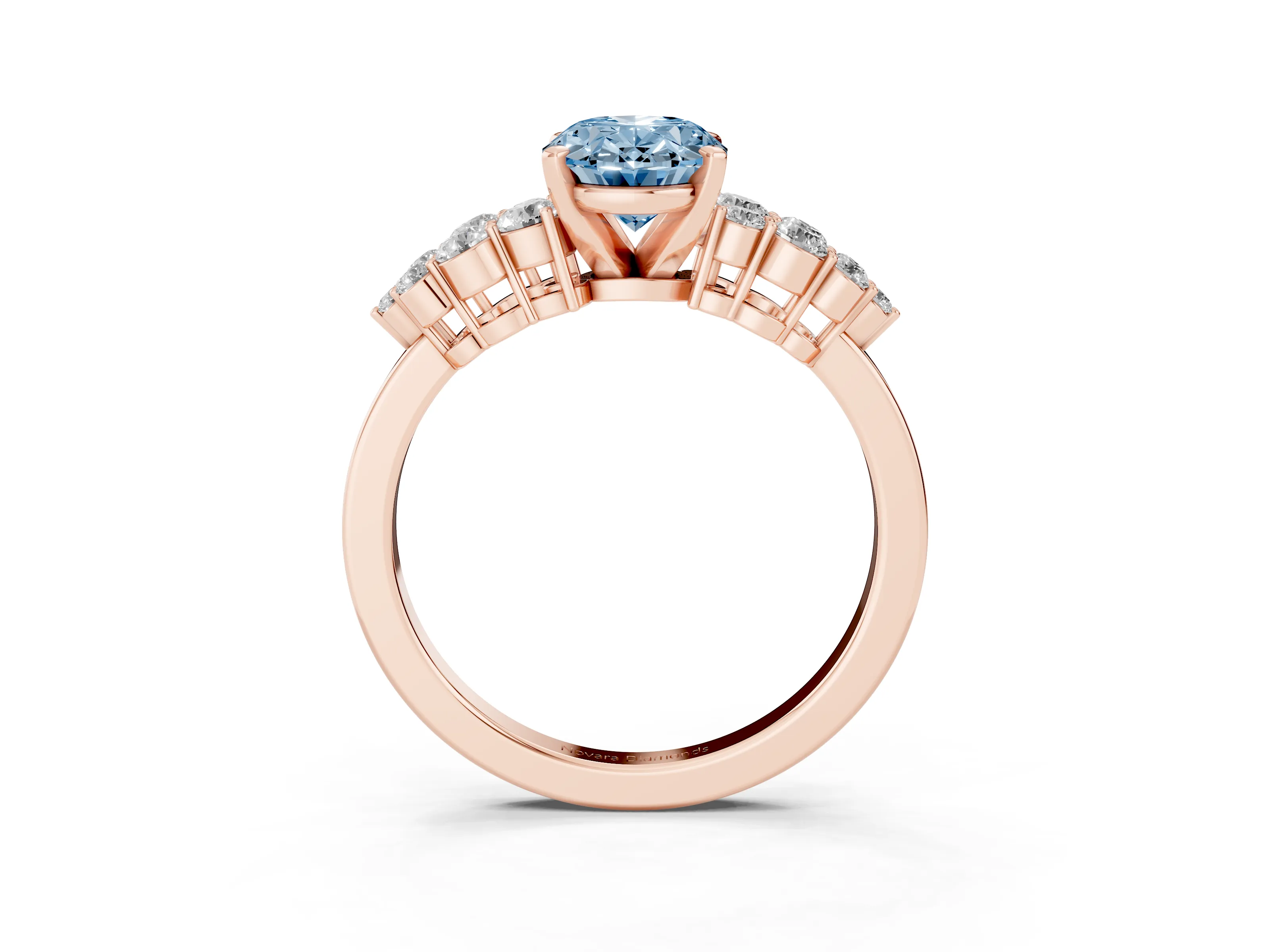 Fancy Blue Oval Cut Diamond Cluster Engagement Ring Set in Rose gold with Pavé Band and Prong Setting