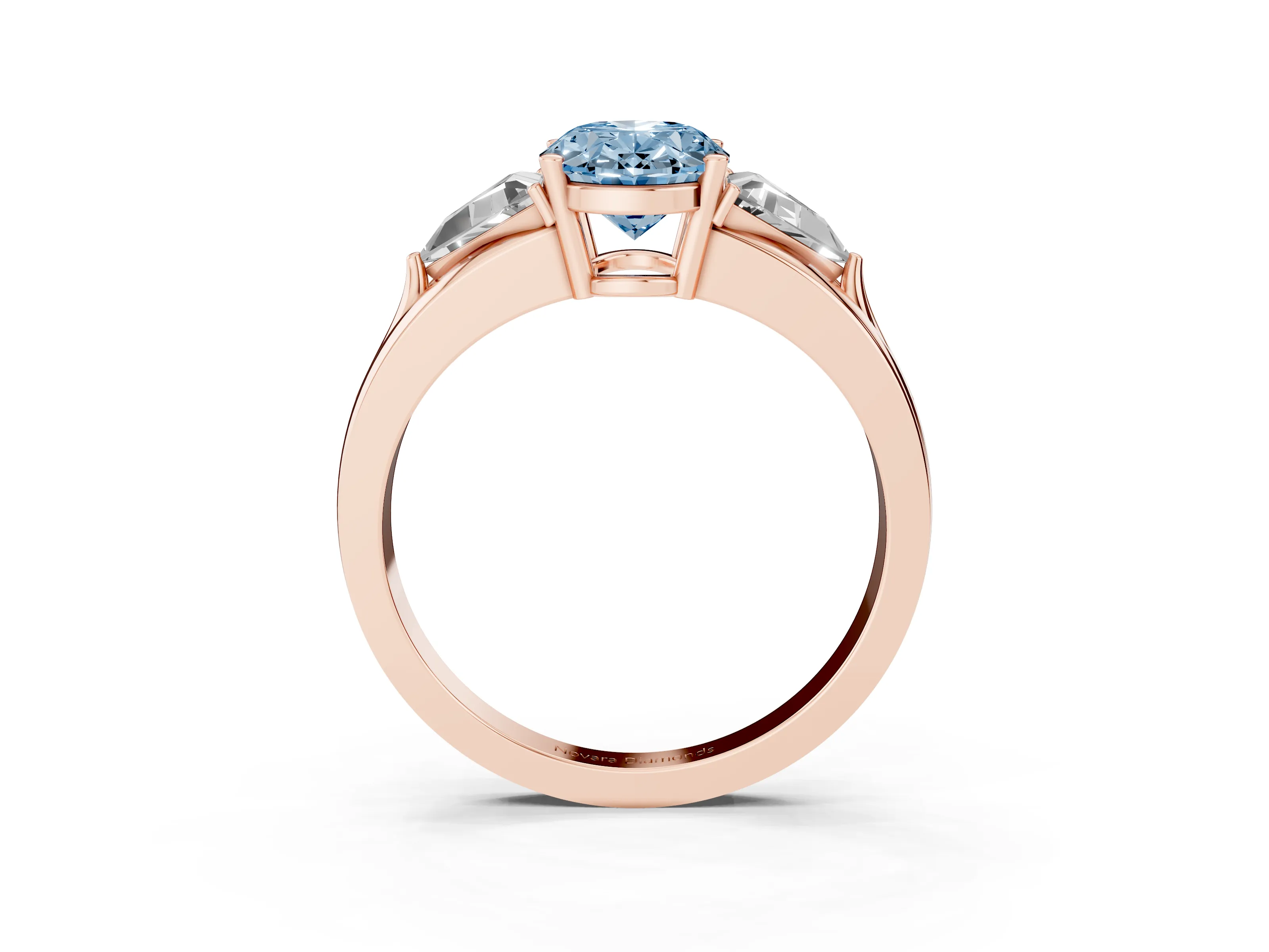 Fancy Blue Oval Cut Diamond Three-Stone Ring Set in Rose gold with Trillion Side Stones and Split Shank