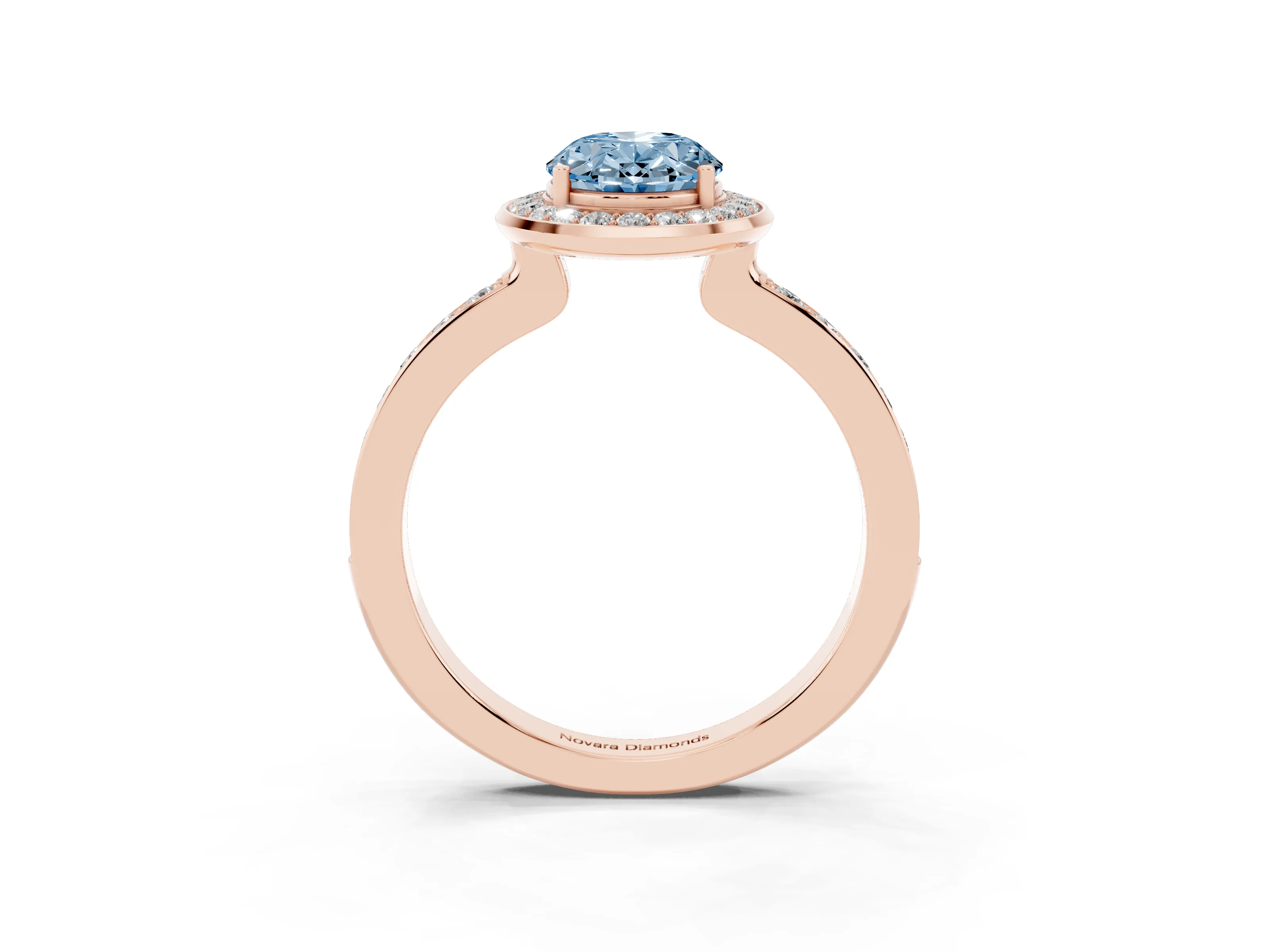 Fancy Blue Oval Cut Diamond Halo Ring Set in Rose gold with Bezel Frame and Pavé Band
