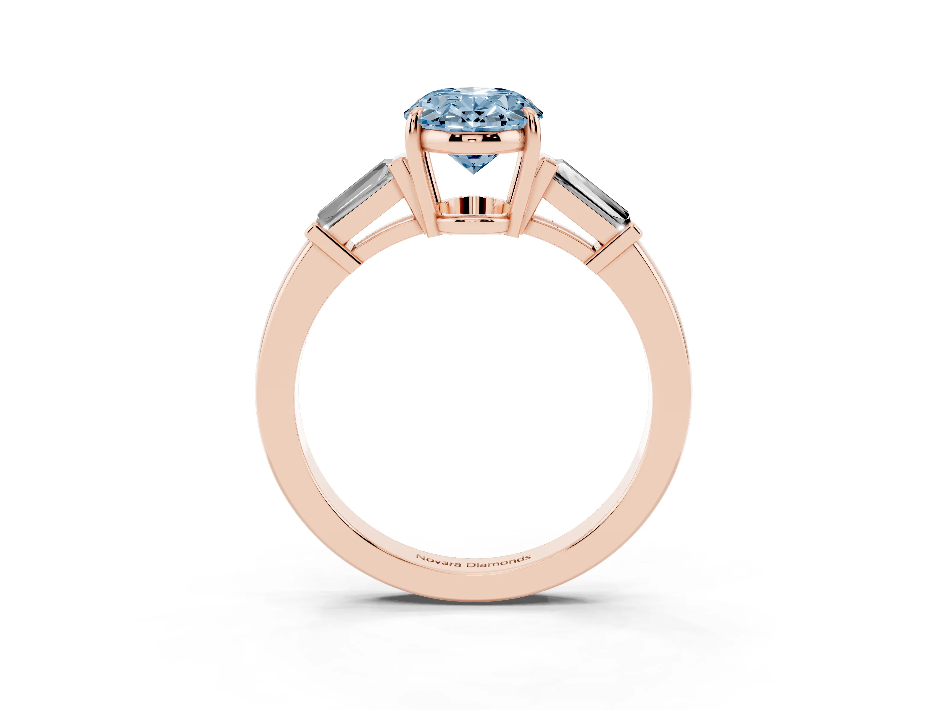 Fancy Blue Oval Cut Diamond Three-Stone Ring Set in Rose gold with Tapered Baguette Side Stones and Prong Setting