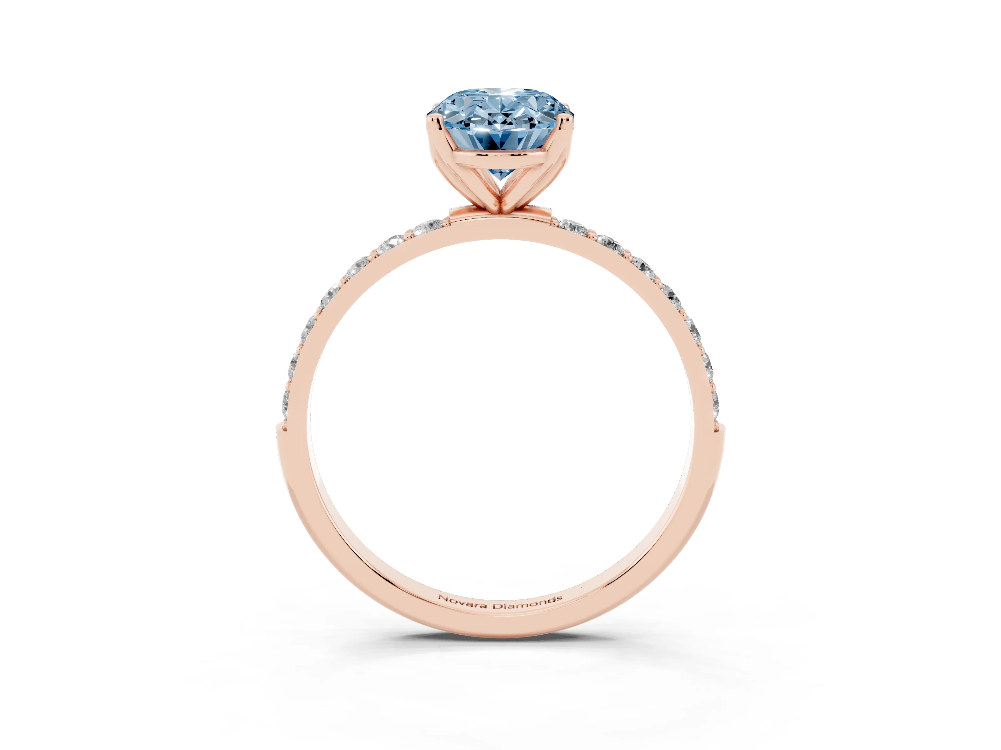 Fancy Blue Oval Cut Diamond Solitaire Engagement Ring Set in Rose gold with Round Pavé Band and Prong Setting