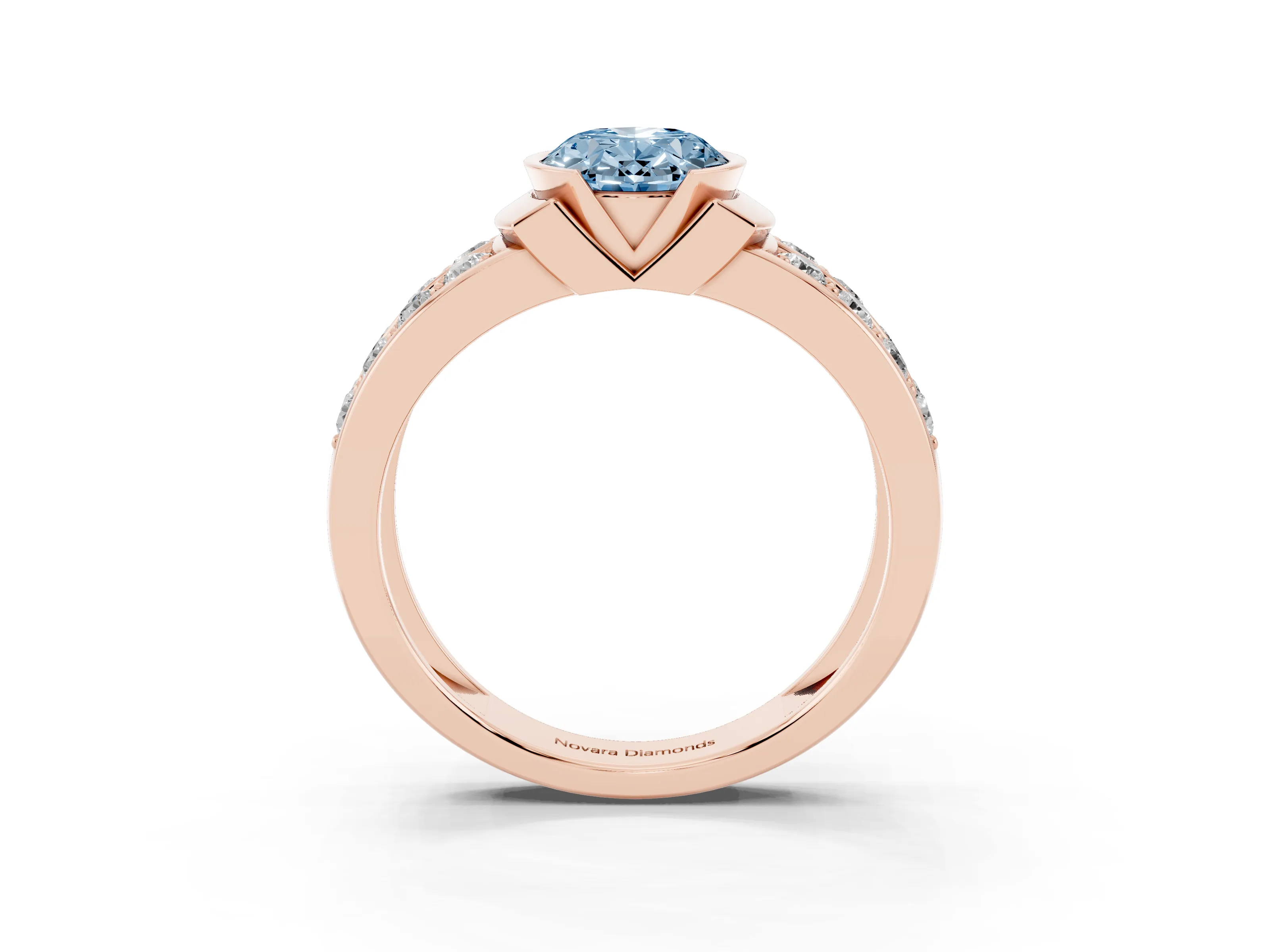 Fancy Blue Oval Cut Diamond Wide Channel Set Band Ring Set in Rose gold with Bezel Setting