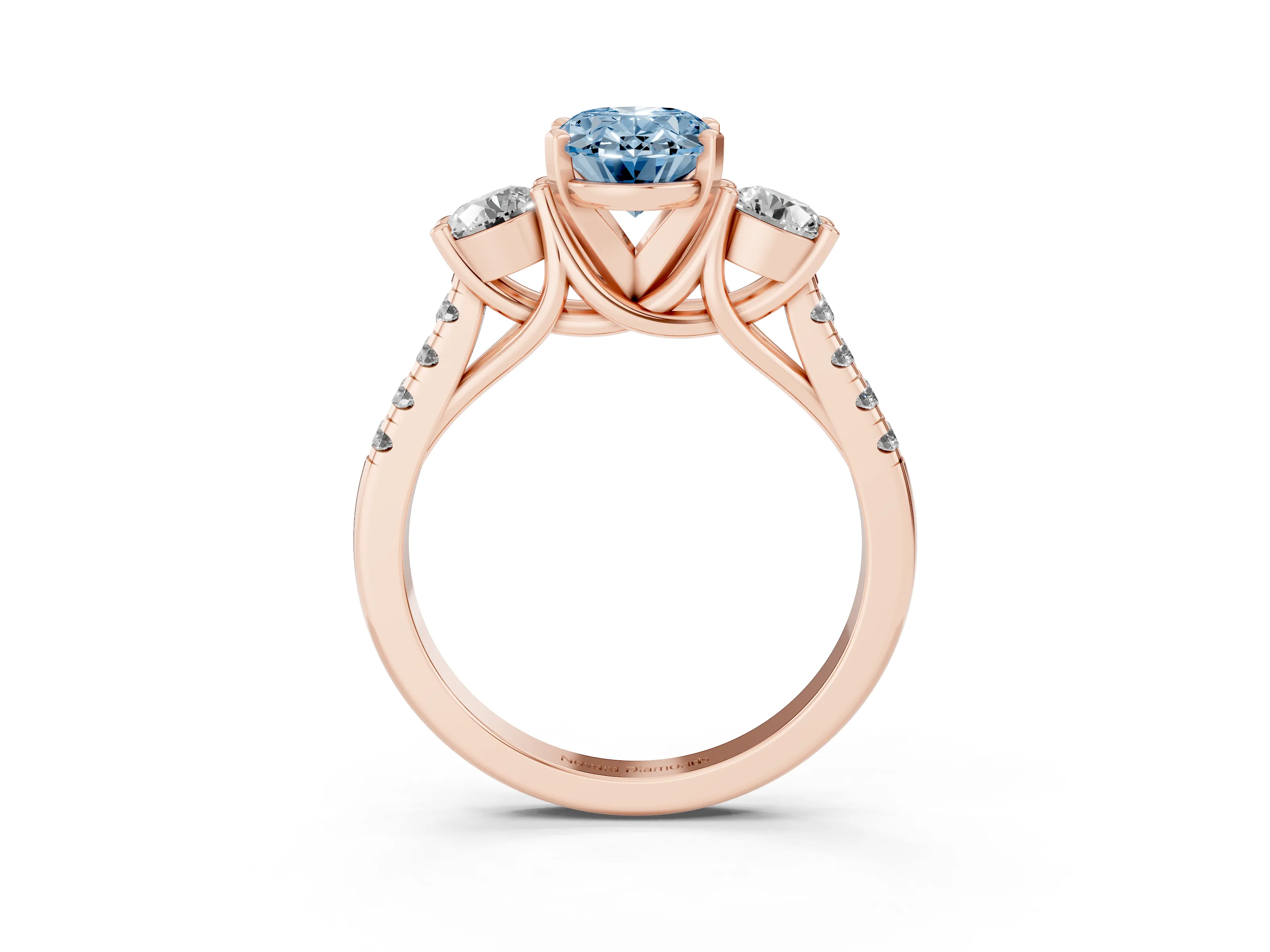 Fancy Blue Three-Stone Oval Cut Diamond Pavé Band Ring Set in Rose gold with Prong-Set Trio