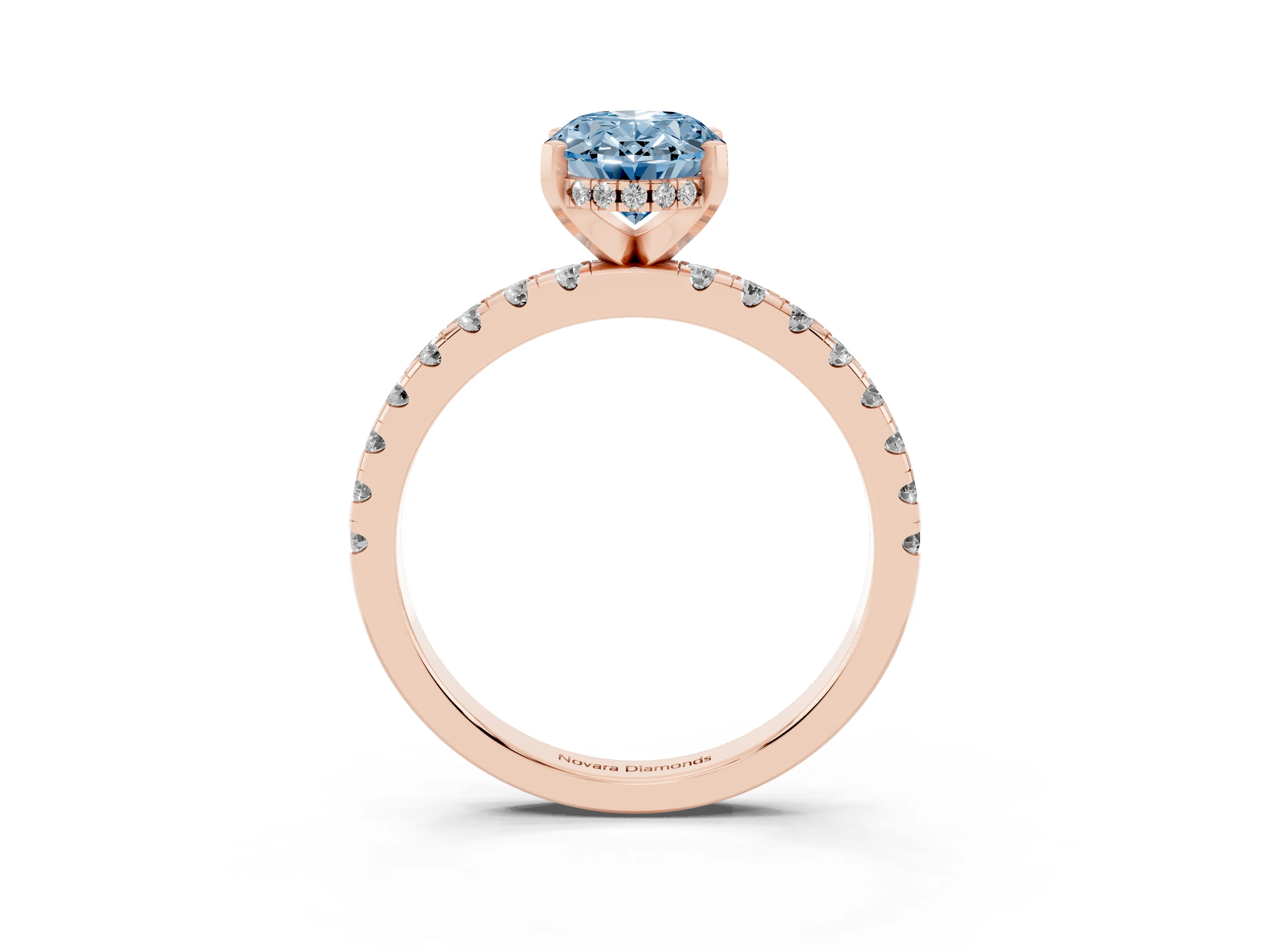 Fancy Blue Oval Cut Diamond Pavé Solitaire Ring Set in Rose gold with Round Band Accents and Prong Setting