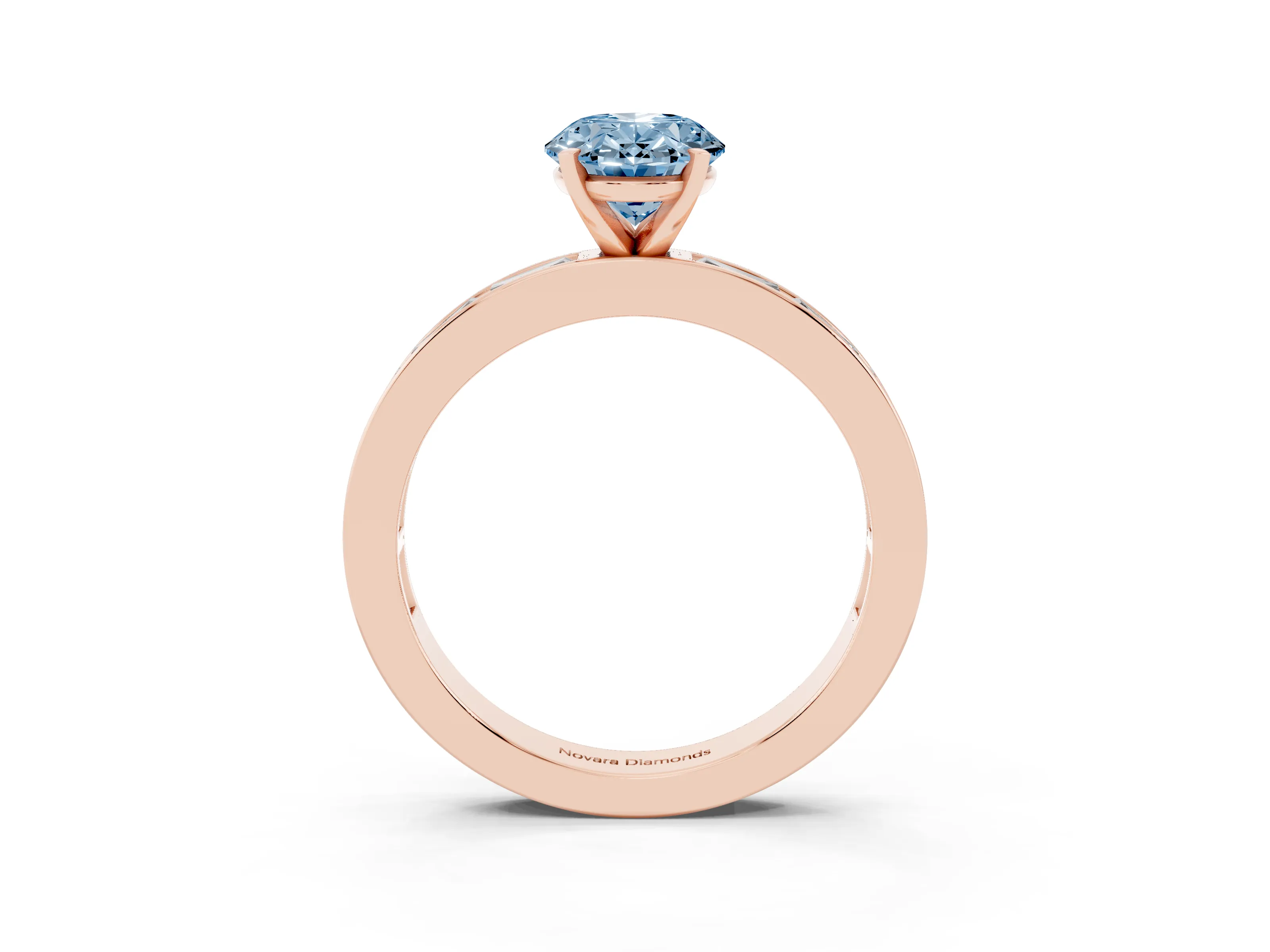 Fancy Blue Oval Cut Diamond Solitaire Ring Set in Rose gold with Channel-Set Baguette Band and Prong Setting