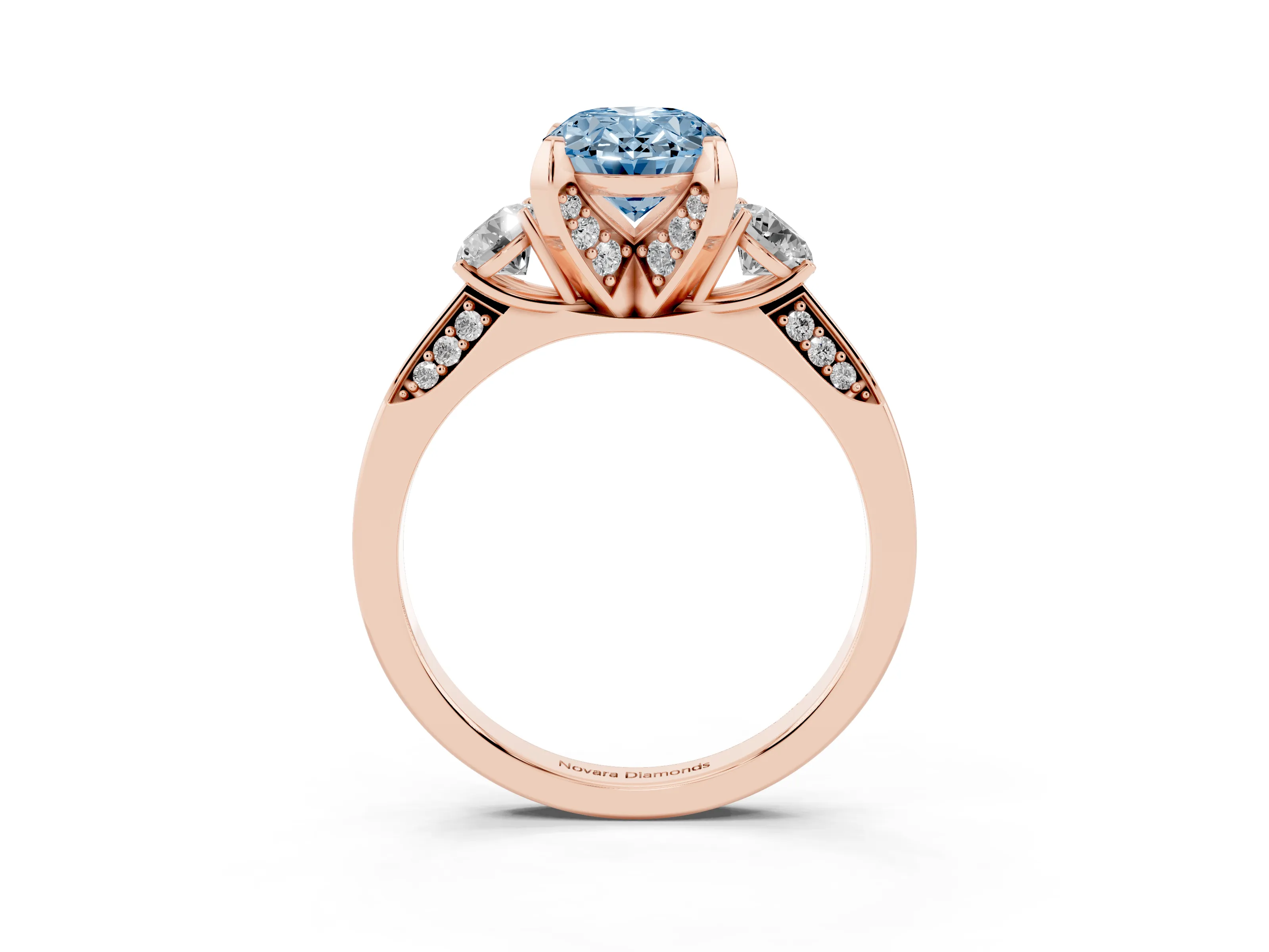 Fancy Blue Oval Cut Diamond Three-Stone Ring Set in Rose gold with Pavé Band and Smaller Side Stones