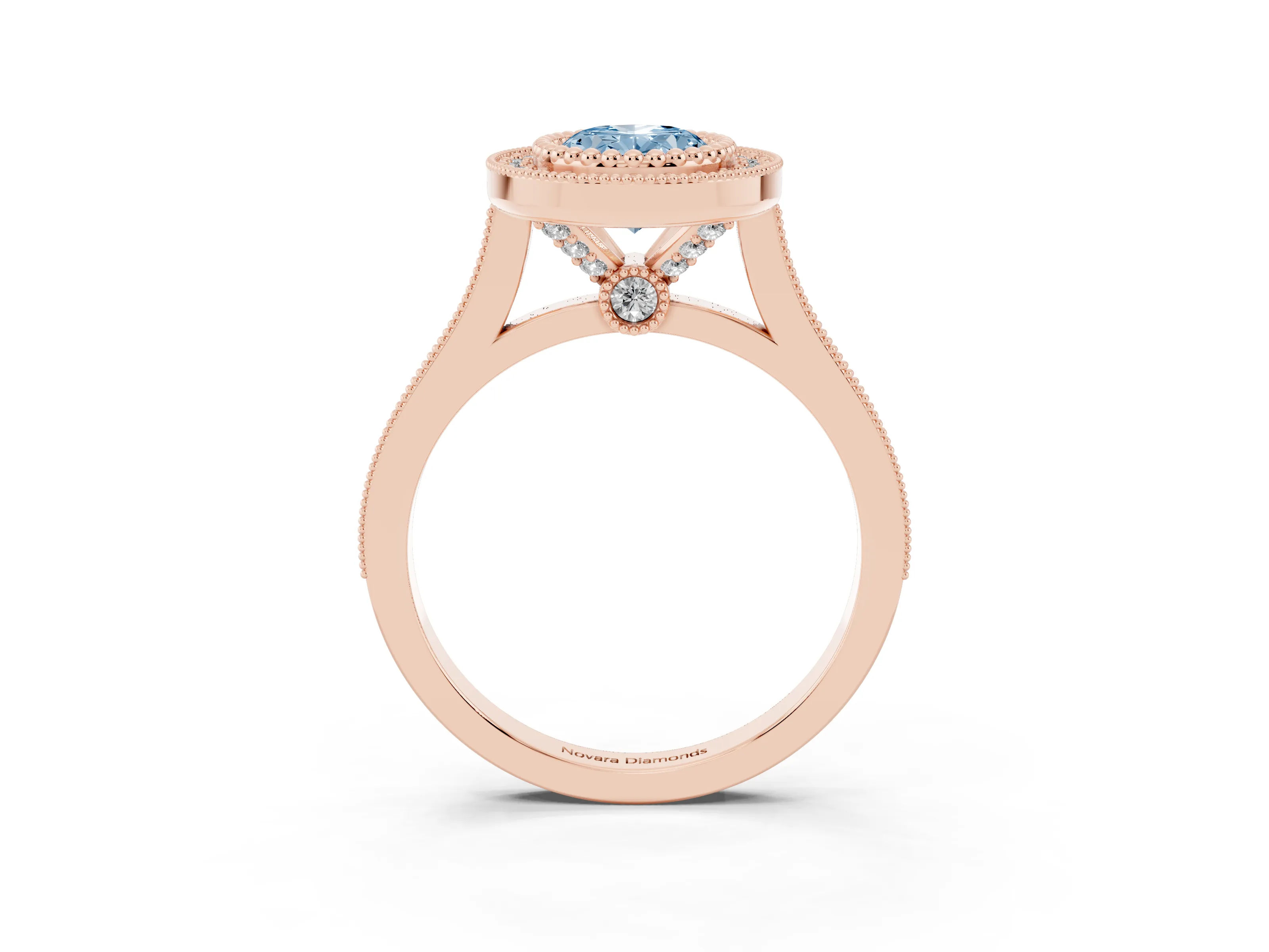 Fancy Blue Oval Cut Diamond Halo Ring Set in Rose gold with Milgrain Frame and Pavé Band