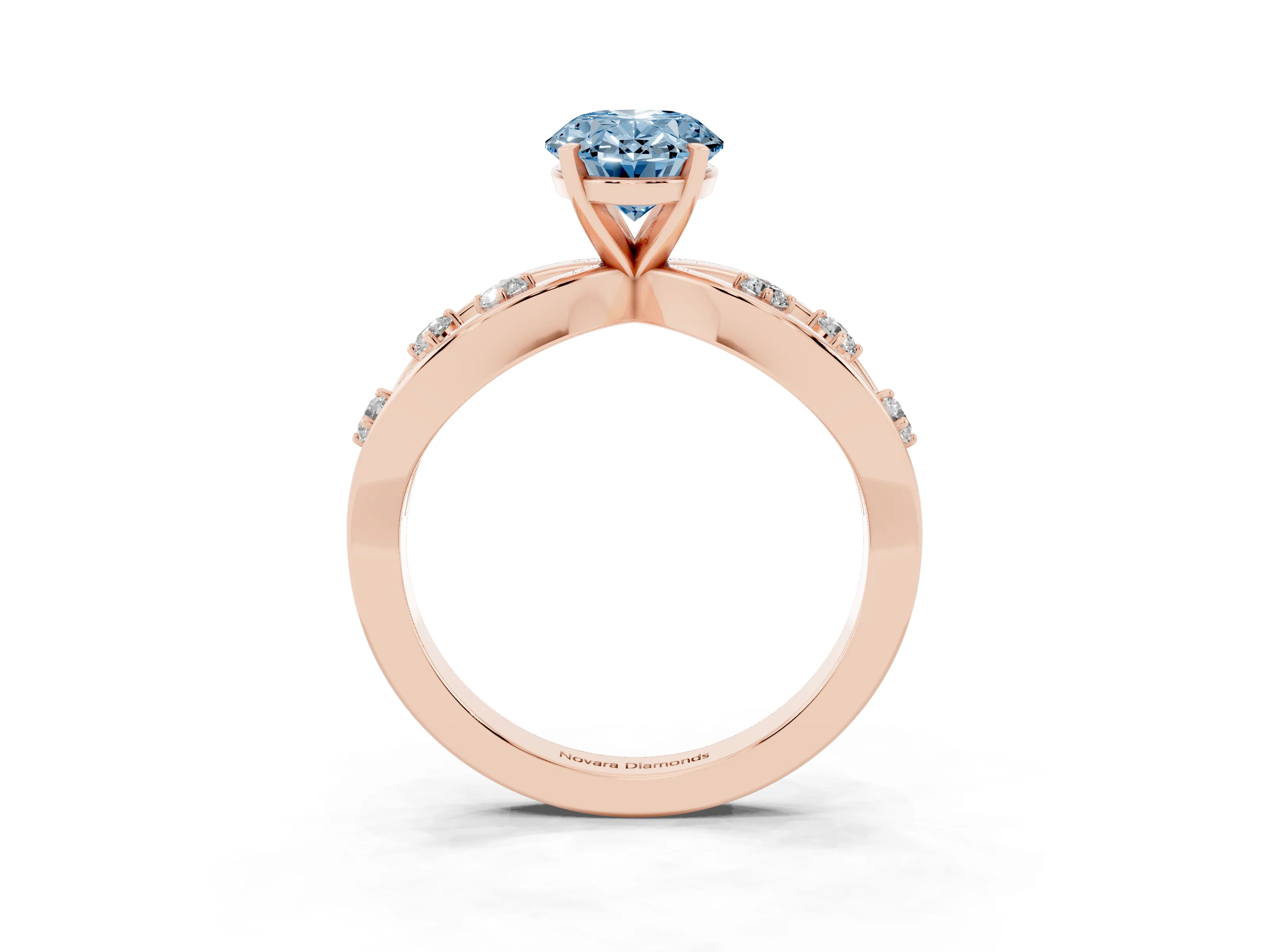 Fancy Blue Oval Cut Diamond Solitaire Ring Set in Rose gold with Side Stones on Criss-Cross Band and Prong Setting