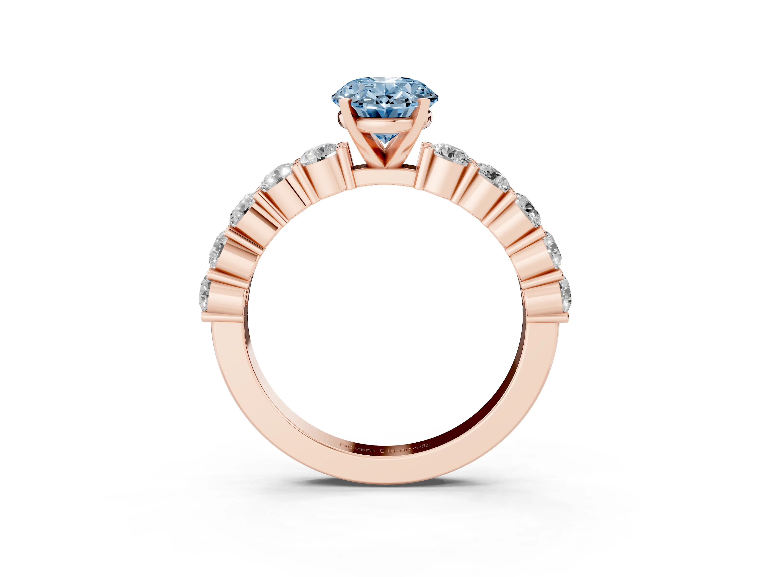 Fancy Blue Oval Cut Diamond Solitaire Ring Set in Rose gold with Shared Prong Round Side Stones