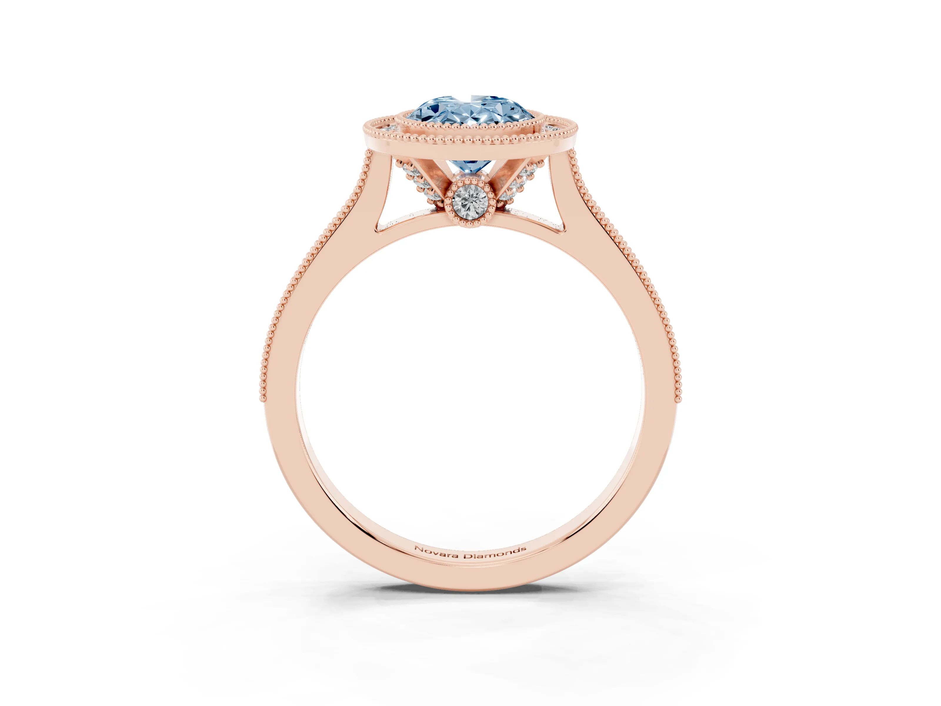 Fancy Blue Oval Cut Diamond Halo Milgrain Pavé Band Ring Set in Rose gold with Prong Setting