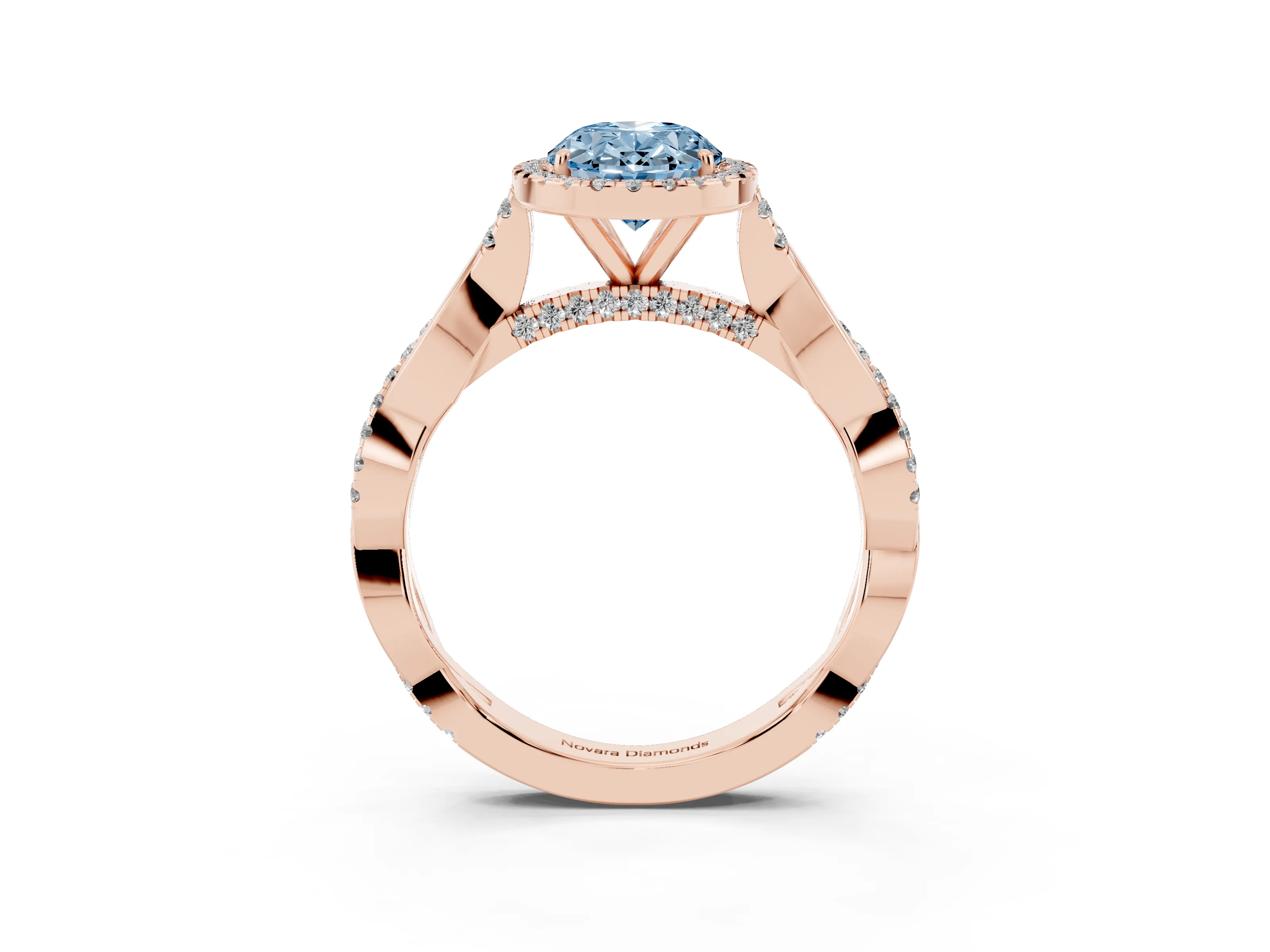 Fancy Blue Oval Cut Diamond Halo Twist Band Solitaire Ring Set in Rose gold with Prong Setting