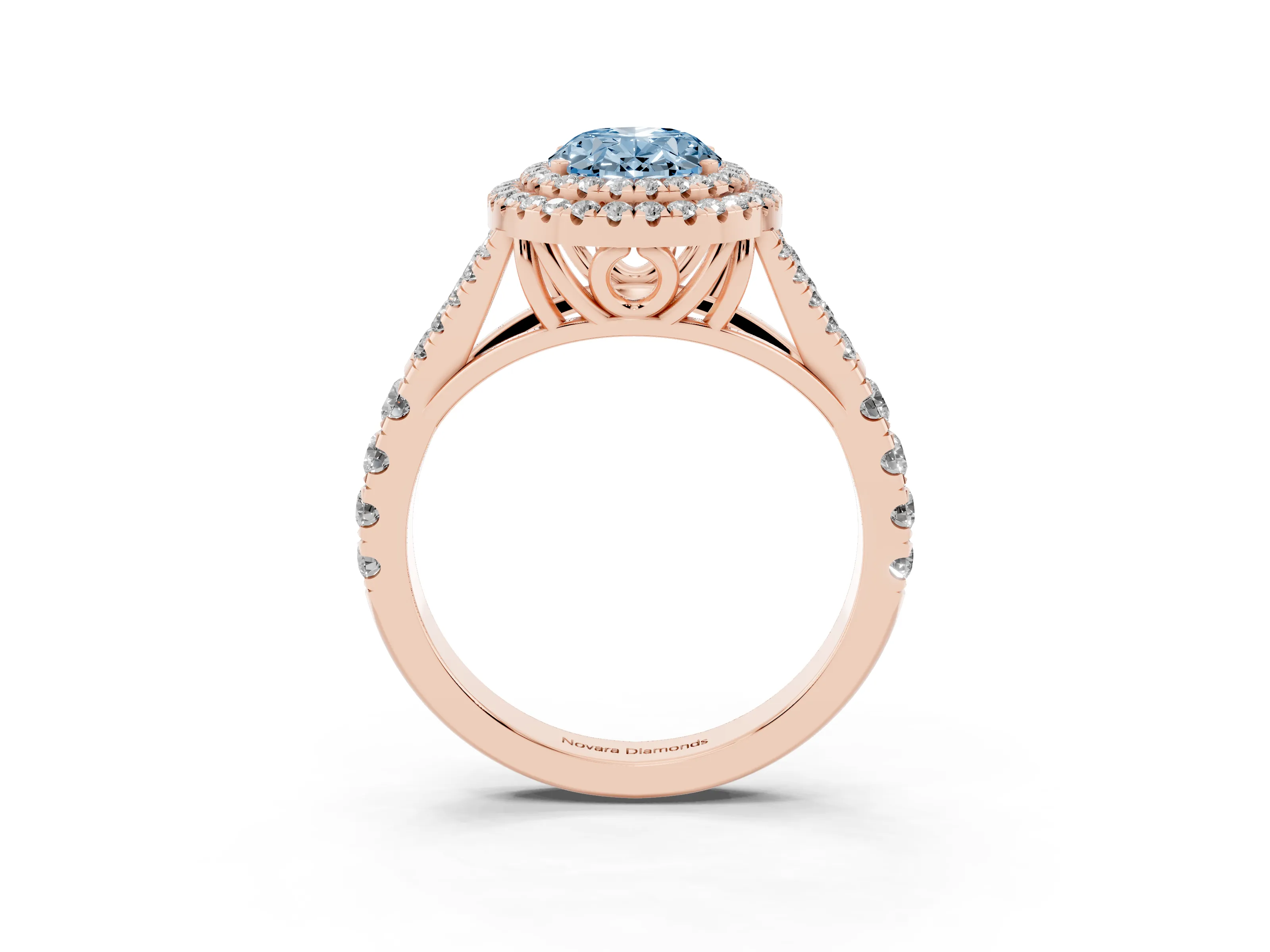 Fancy Blue Oval Cut Diamond Pavé Split Shank Double Halo Engagement Ring Set in Rose gold