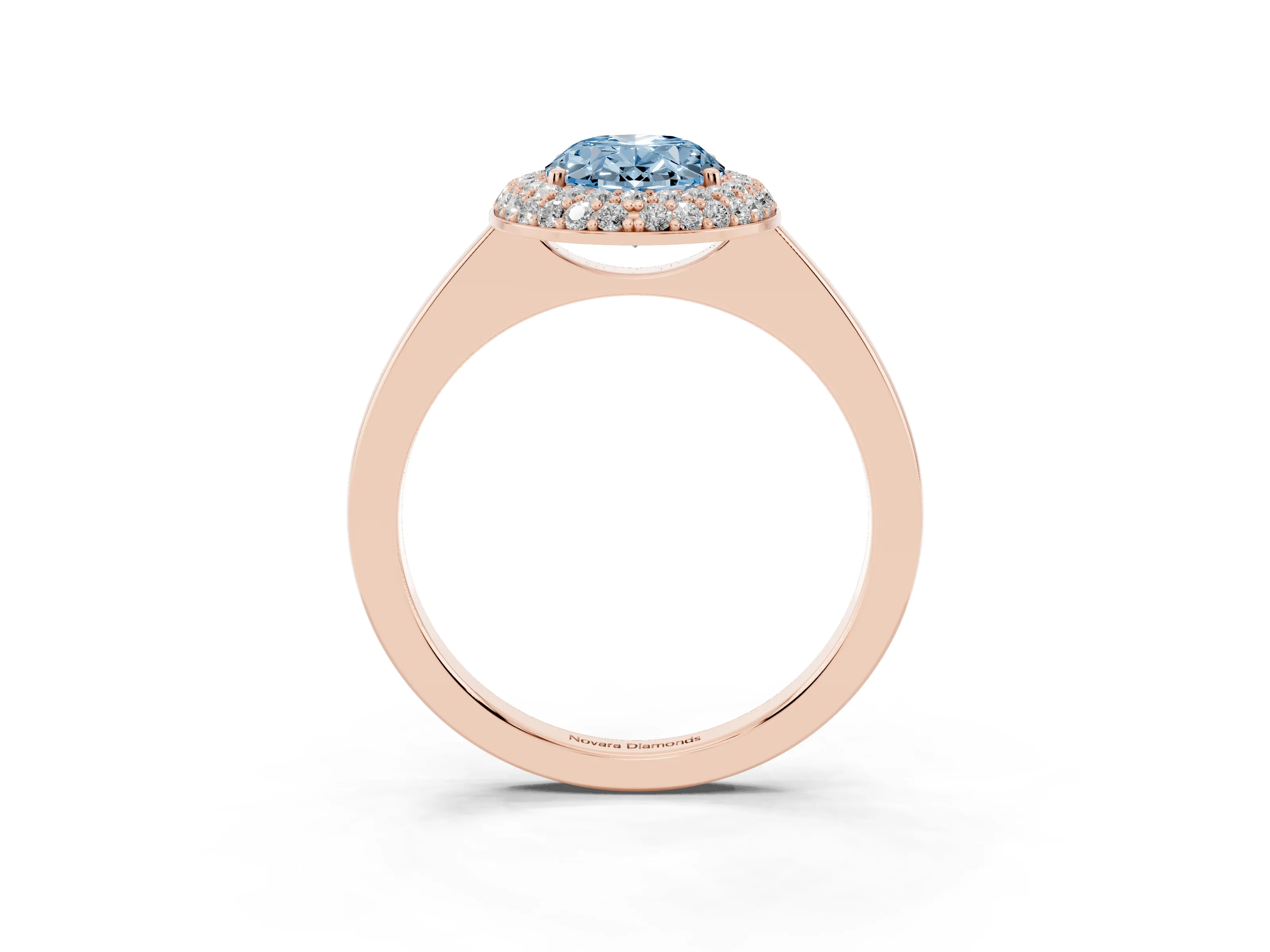 Fancy Blue Oval Cut Diamond Halo Engagement Ring Set in Rose gold with Solitaire Band and Prong Setting