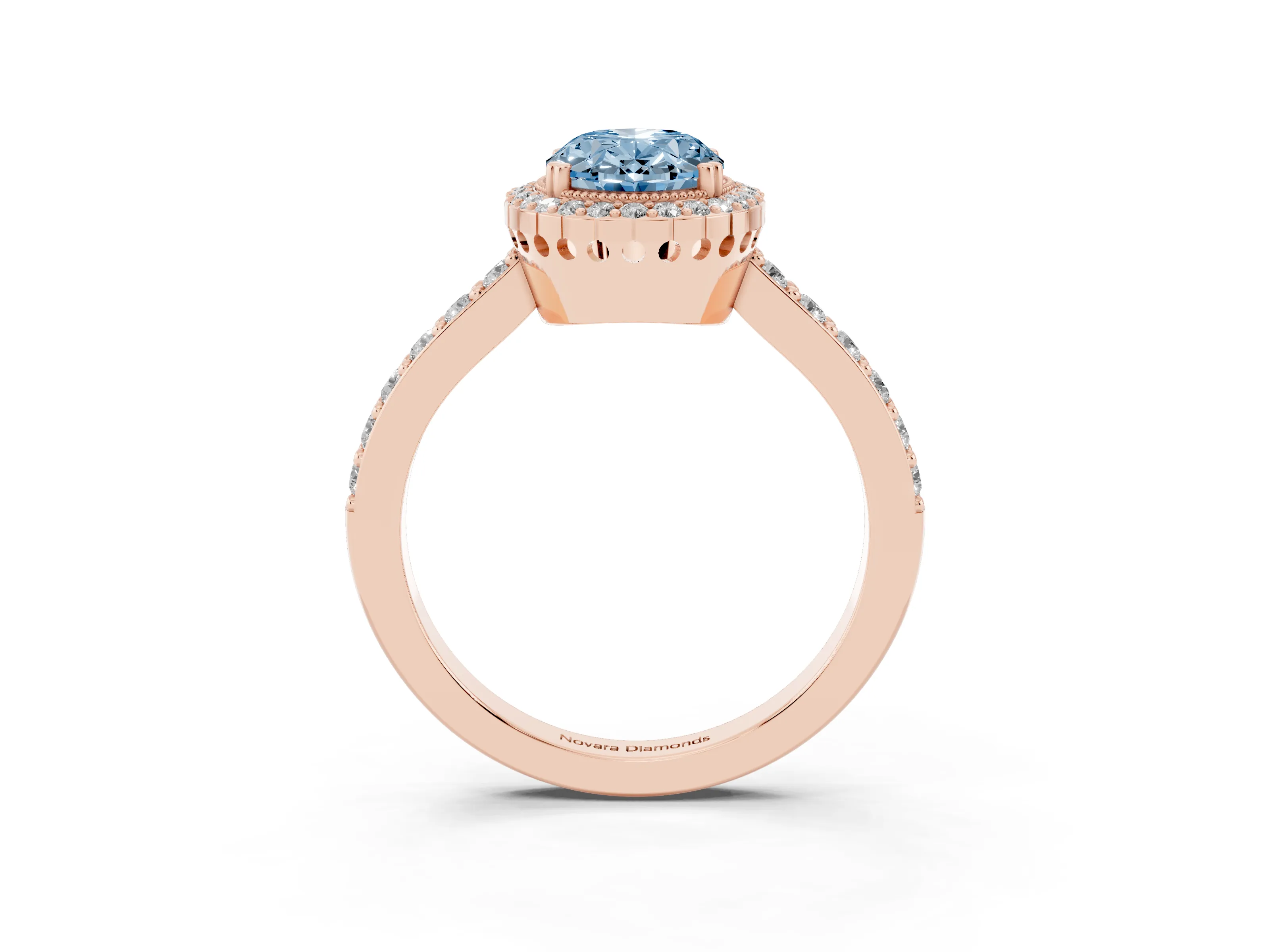 Fancy Blue Oval Cut Diamond Halo Engagement Ring Set in Rose gold with Milgrain Detail and Pavé Band