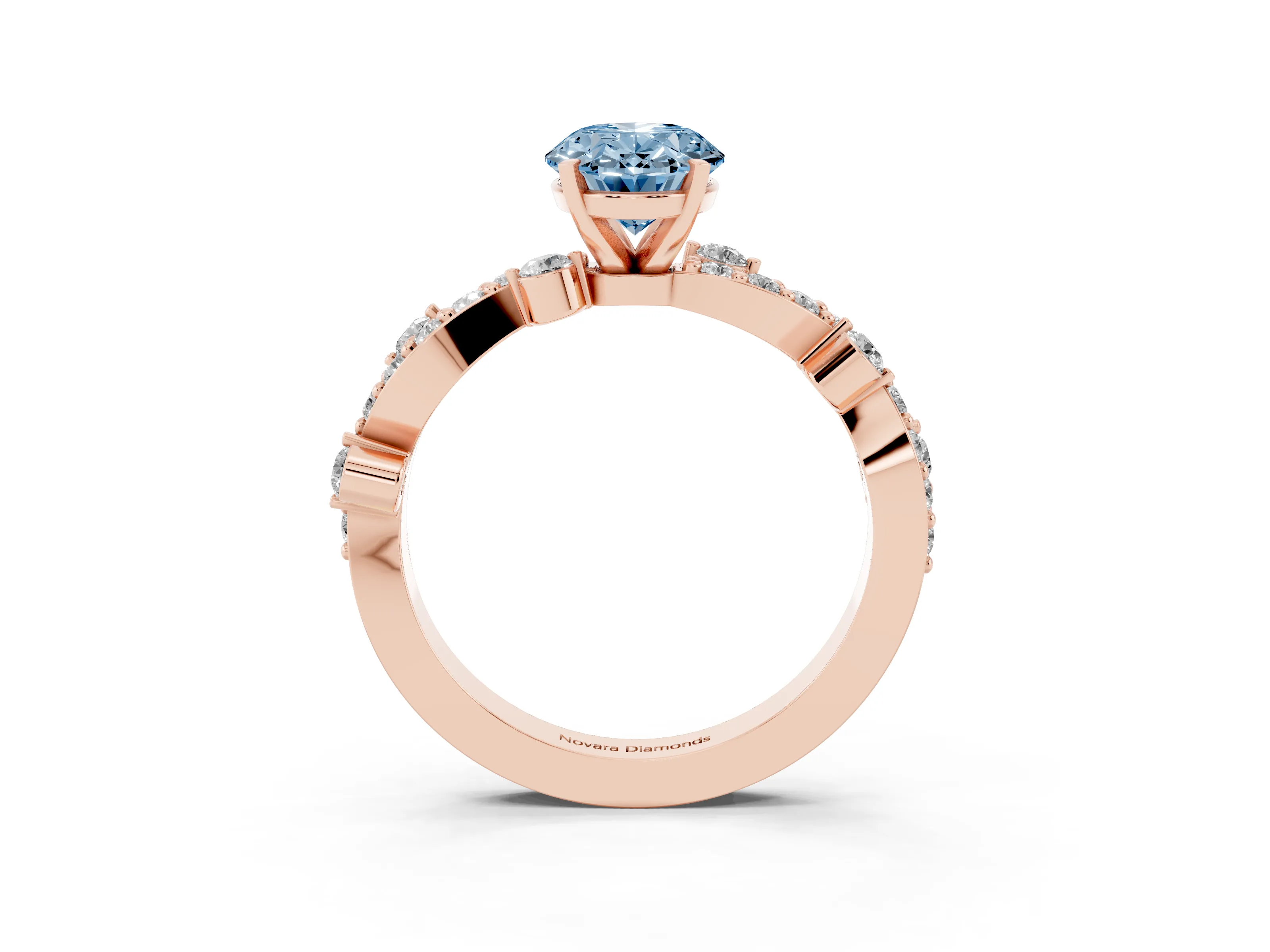 Fancy Blue Oval Cut Diamond Solitaire Twisted Band Set in Rose gold with Pavé Setting