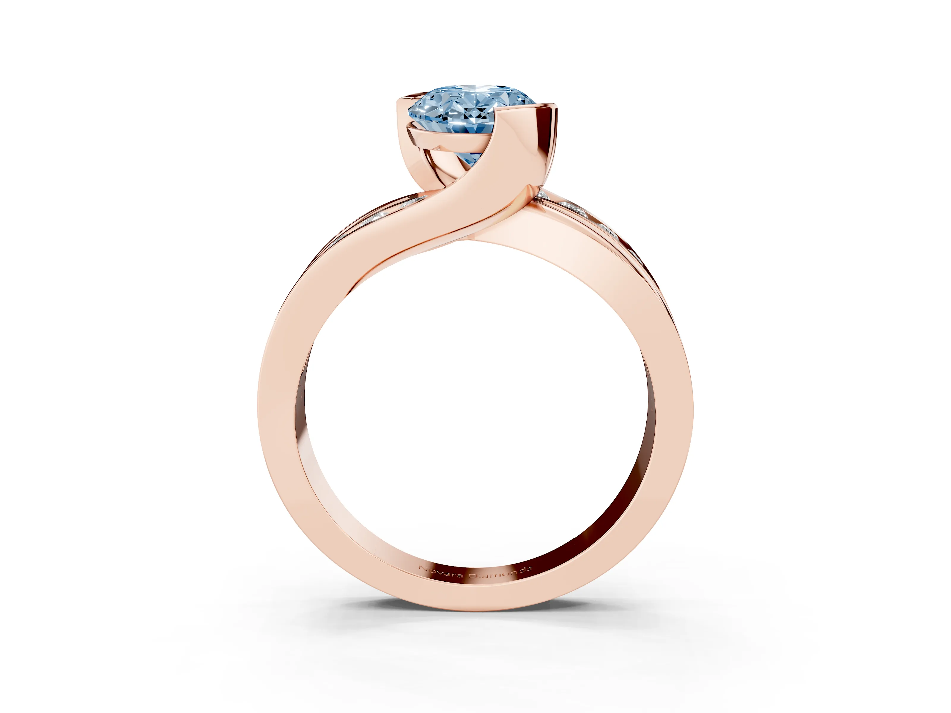 Fancy Blue Oval Cut Diamond Solitaire Ring Set in Rose gold with Channel Set Split Shank and Tension Prongs