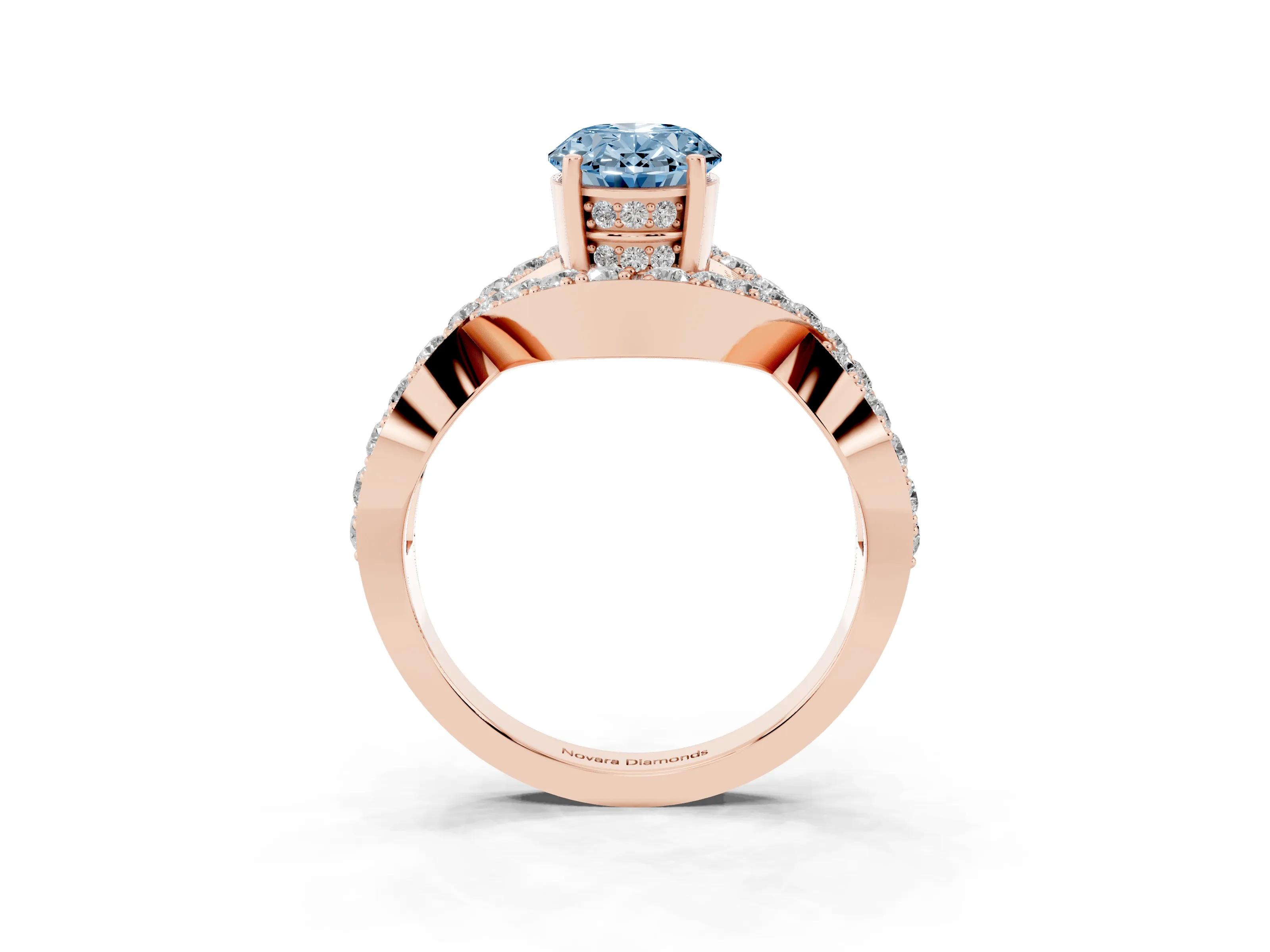 Fancy Blue Oval Cut Diamond Solitaire Twist Band Pavé Engagement Ring Set in Rose gold