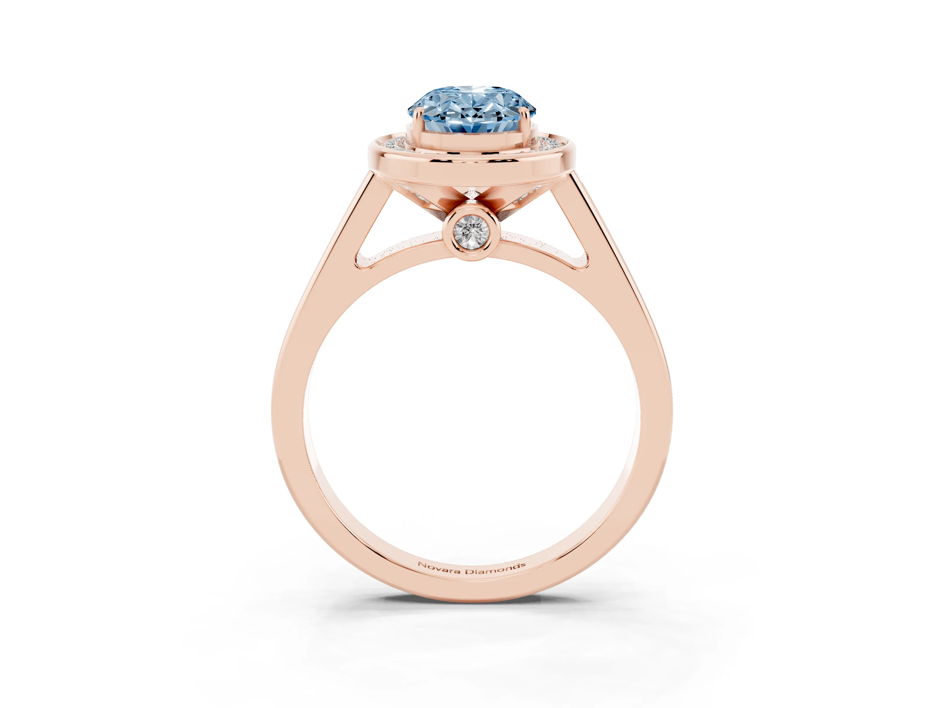 Fancy Blue Oval Cut Diamond Halo Solitaire Ring Set in Rose gold with Pavé Band and Bezel Setting