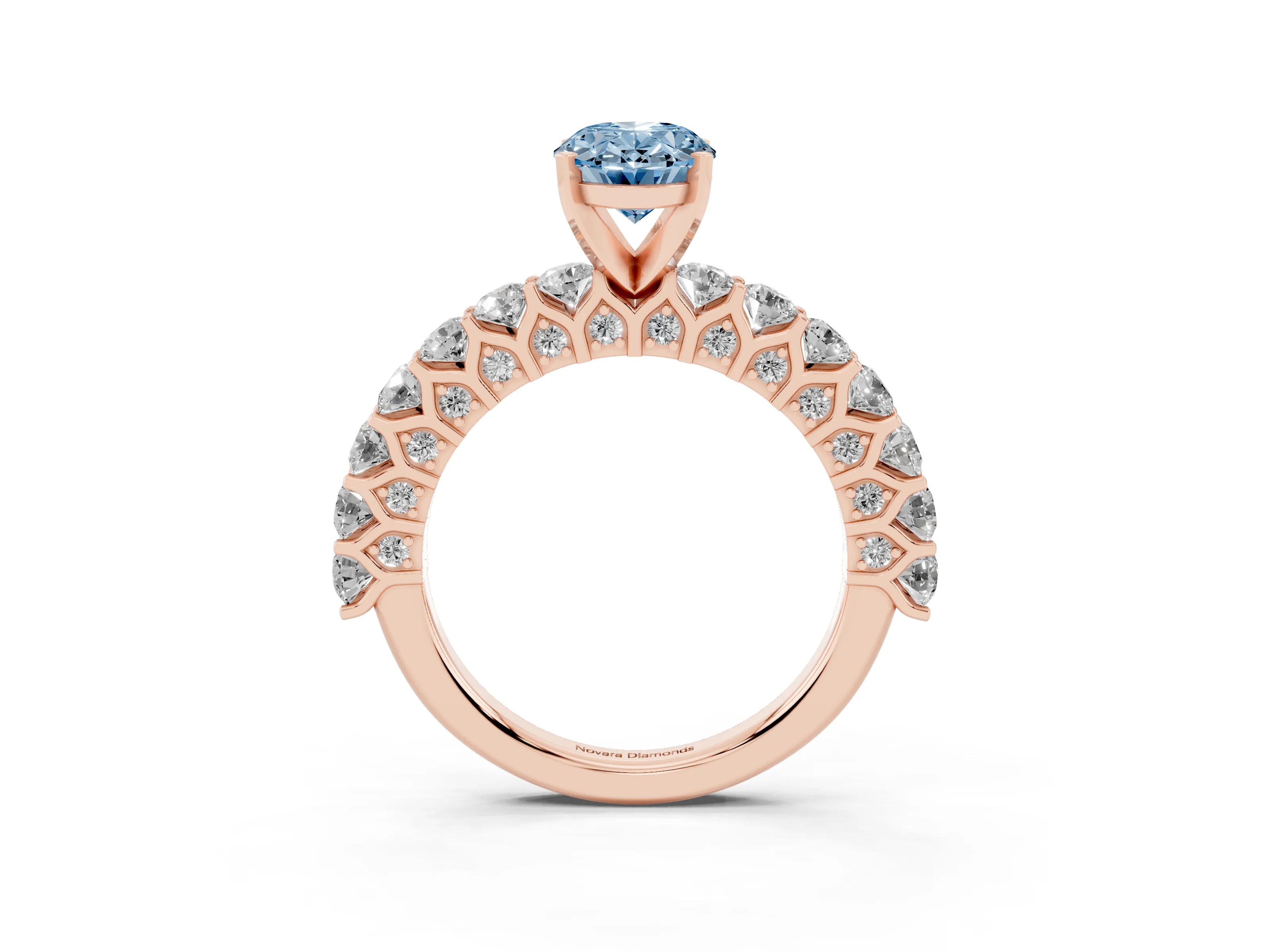 Fancy Blue Oval Cut Diamond Solitaire Ring Set in Rose gold with Shared Prong Pavé Band
