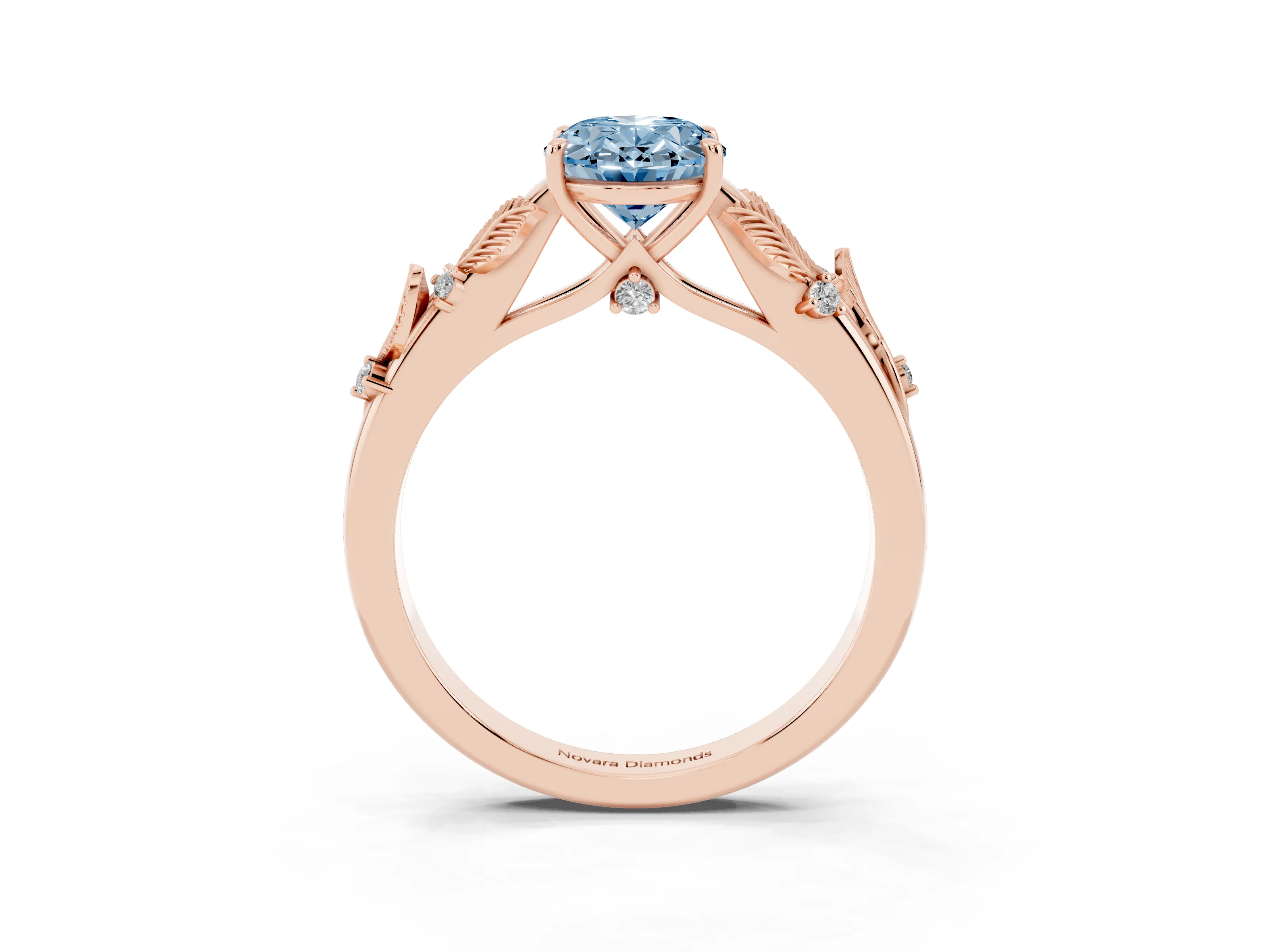 Fancy Blue Oval Cut Diamond Solitaire Ring Set in Rose gold with Leaf Motif Band
