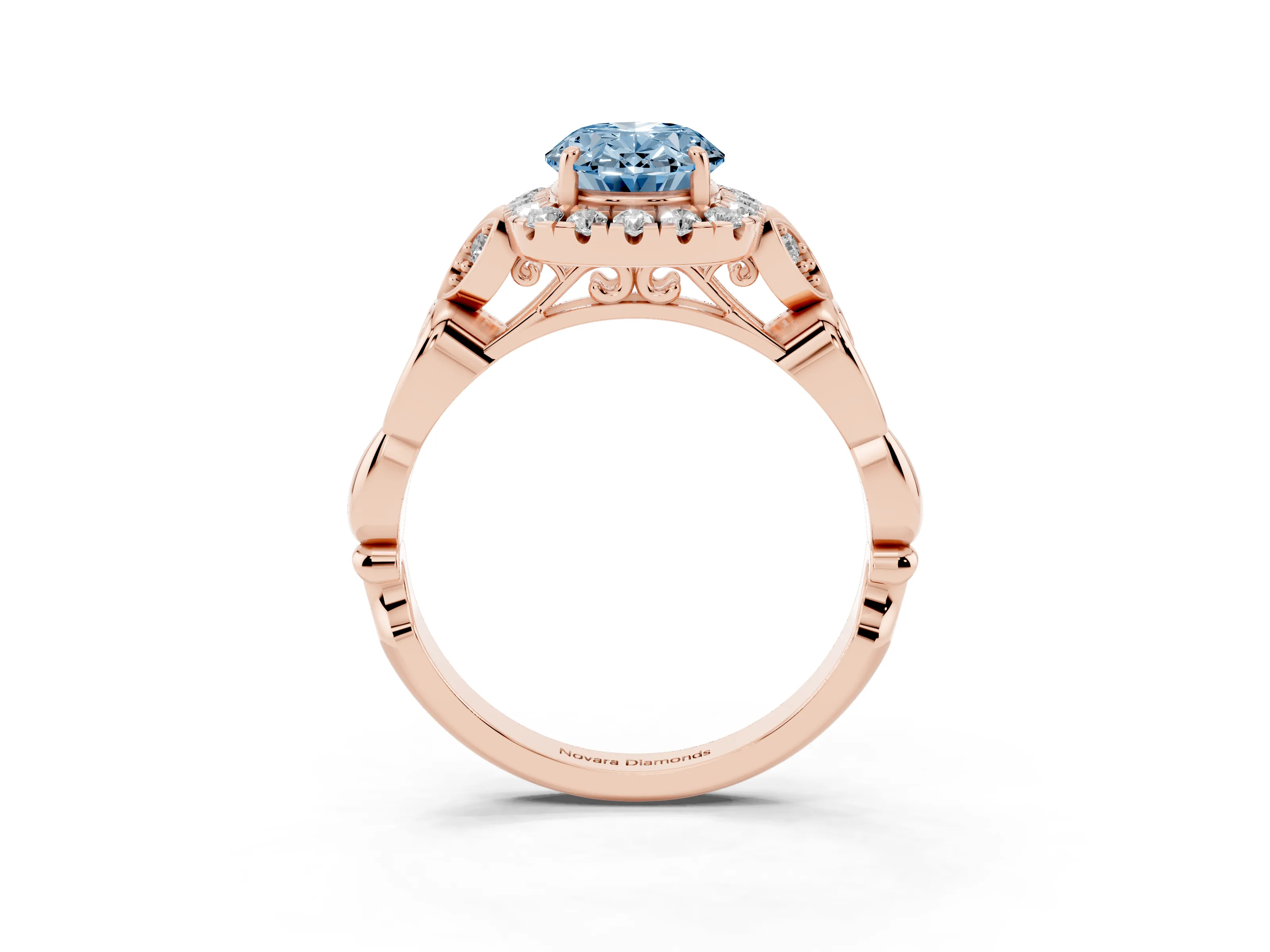 Fancy Blue Oval Cut Diamond Halo Engagement Ring Set in Rose gold with Vintage-Inspired Band and Prong Setting
