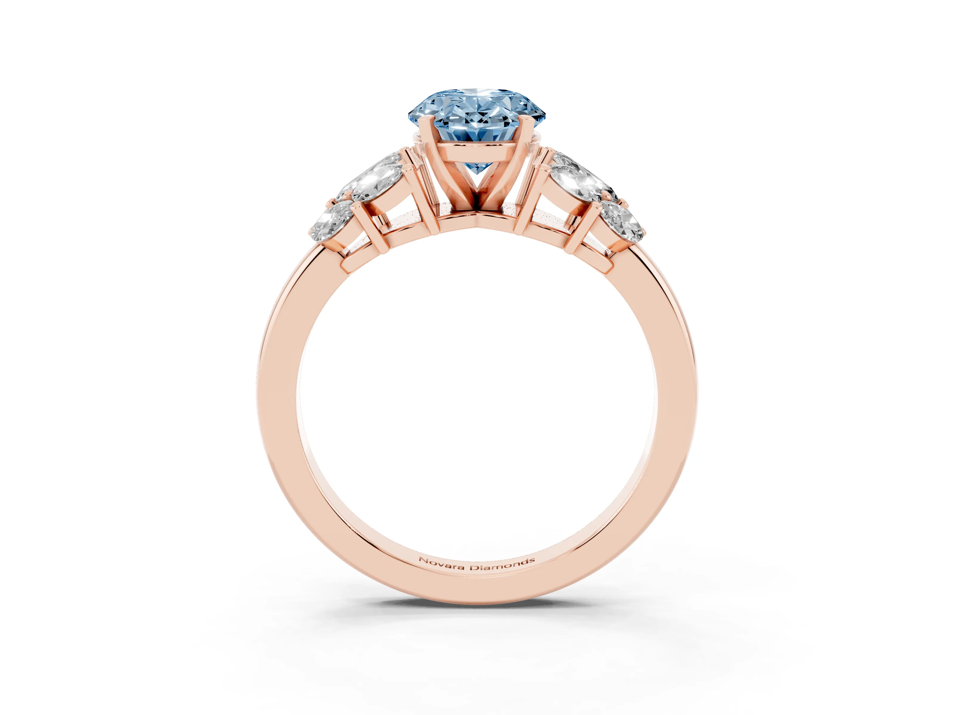 Fancy Blue Oval Cut Diamond Cluster Leaf Design Ring Set in Rose gold with Prong Setting