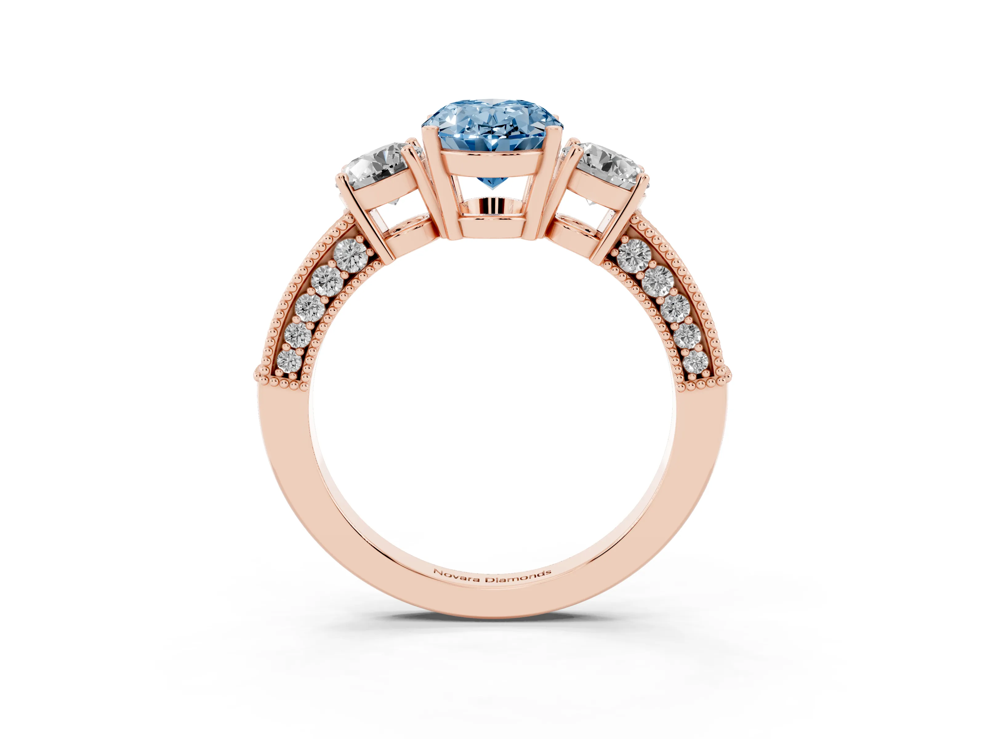 Fancy Blue Oval Cut Diamond Three-Stone Ring Set in Rose gold with Round Side Stones and Pavé Band