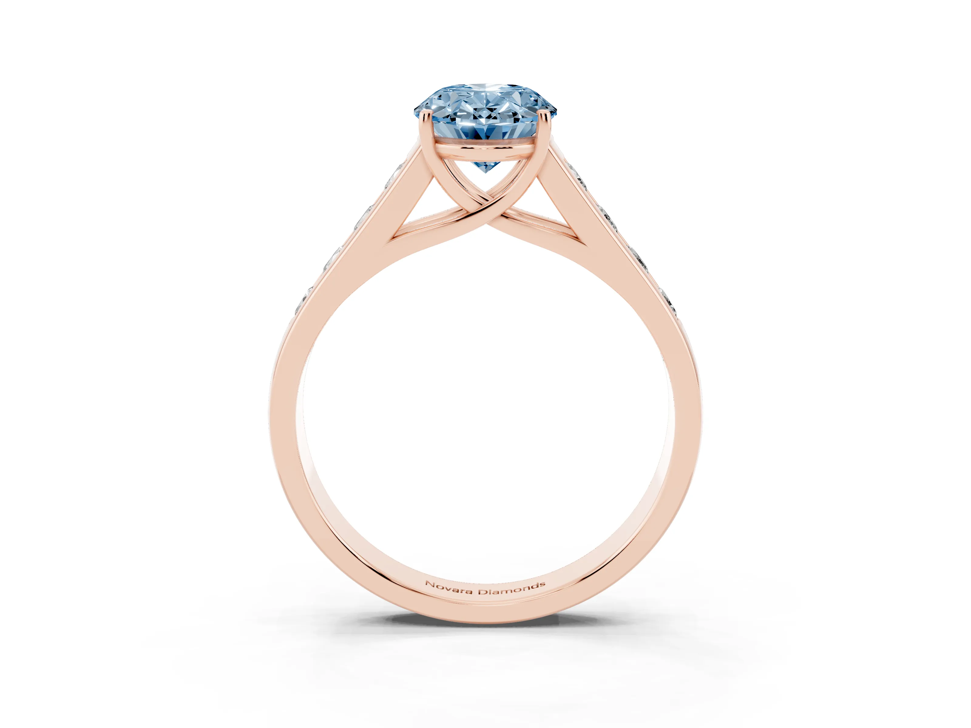 Fancy Blue Oval Cut Diamond Solitaire Channel-Set Engagement Ring Set in Rose gold with Prong Setting
