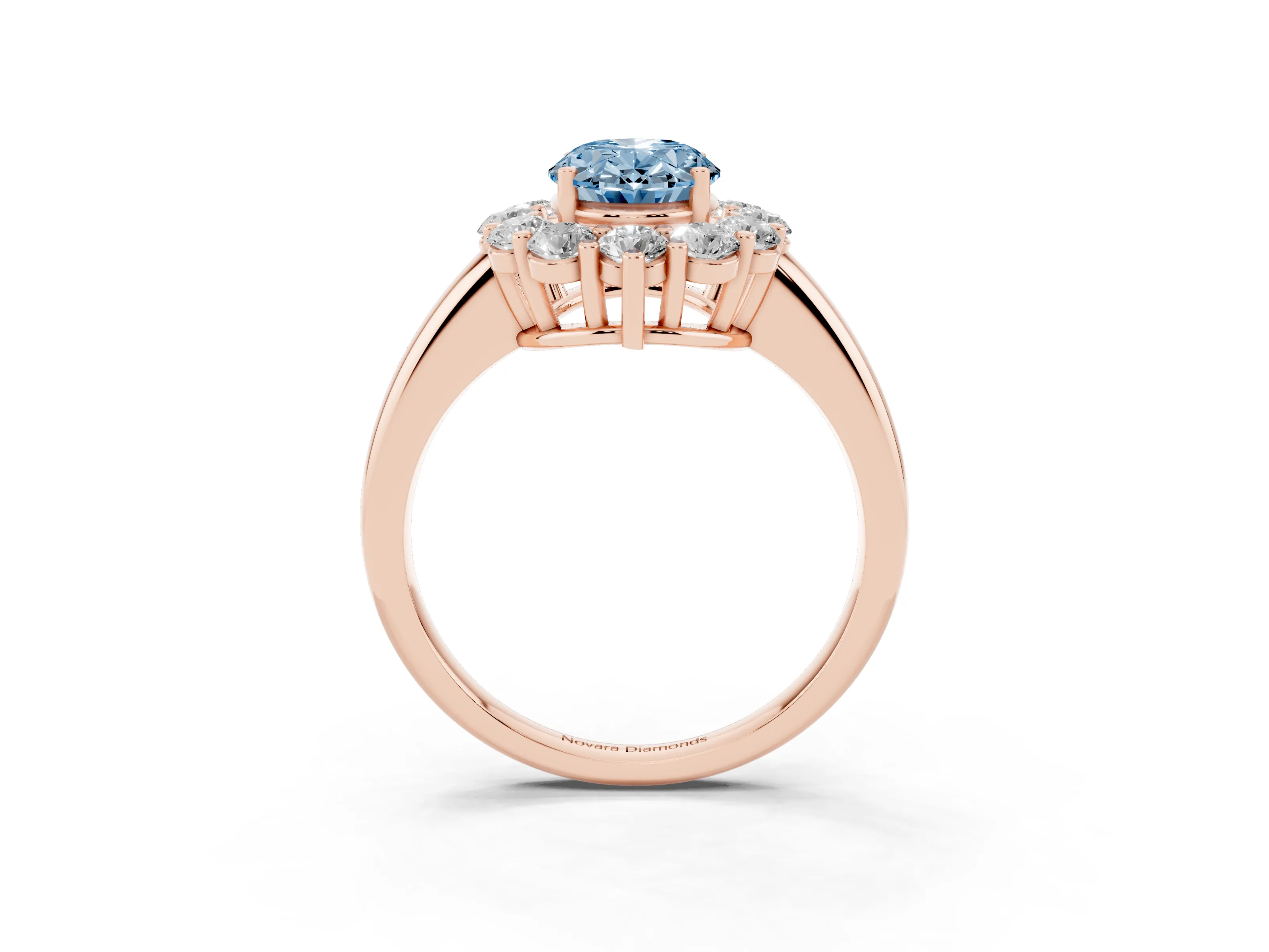 Fancy Blue Oval Cut Diamond Halo Cluster Engagement Ring Set in Rose gold with Polished Band and Prong Setting