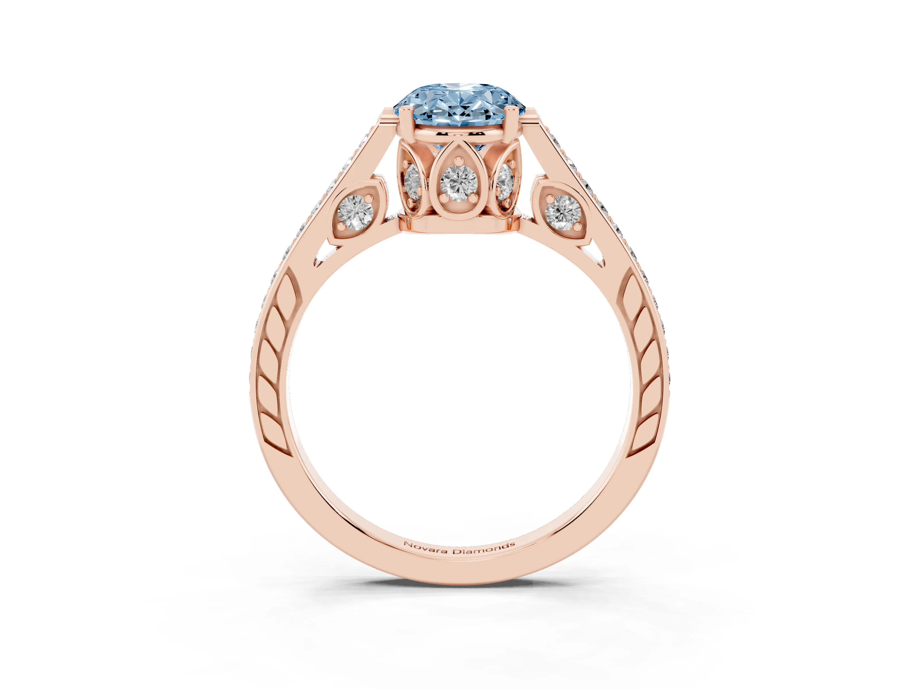 Fancy Blue Oval Cut Diamond Cathedral Pavé Engagement Ring Set in Rose gold with Prong Setting