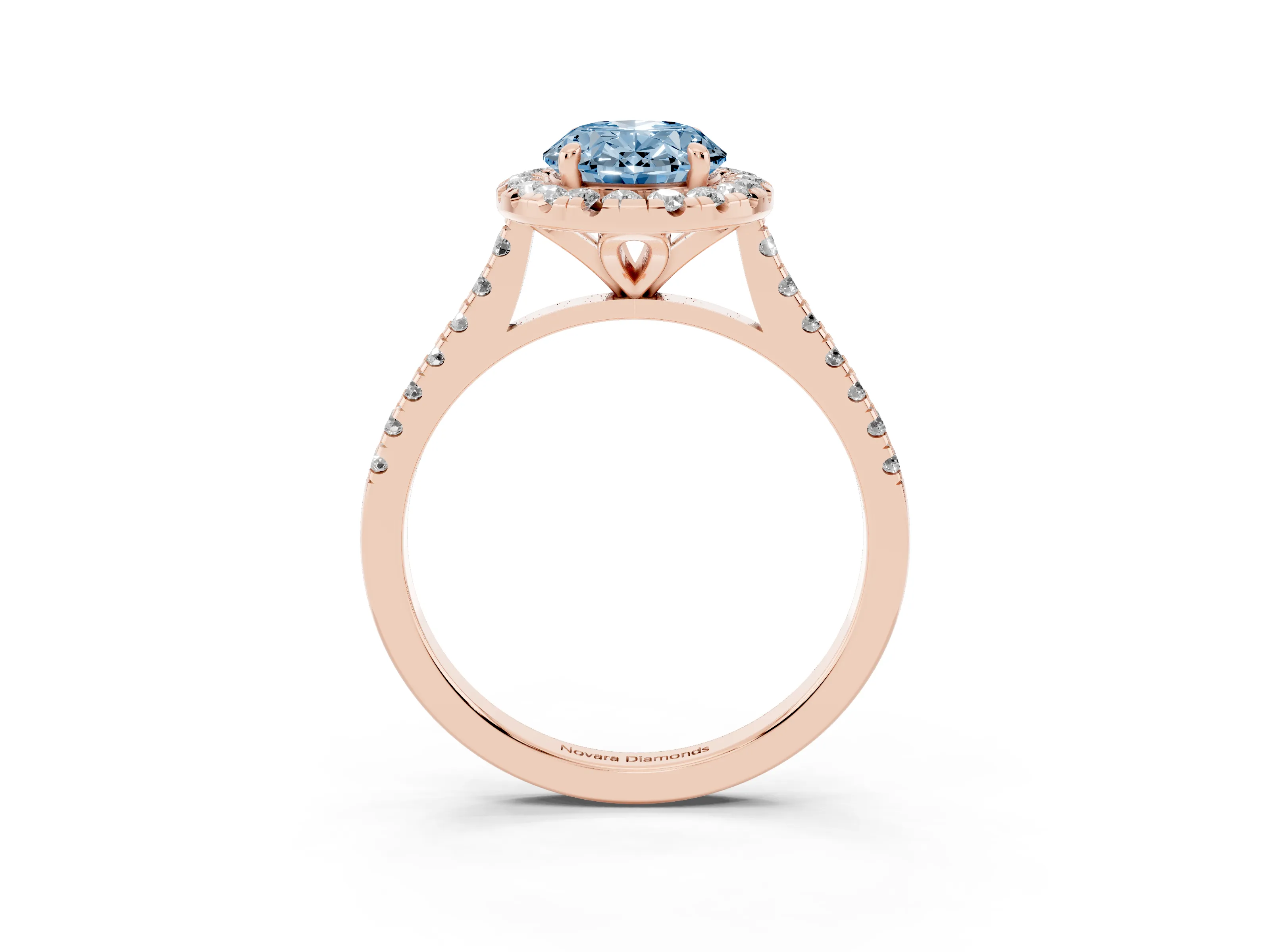 Fancy Blue Oval Cut Diamond Cushion Halo Ring Set in Rose gold with Pavé Band