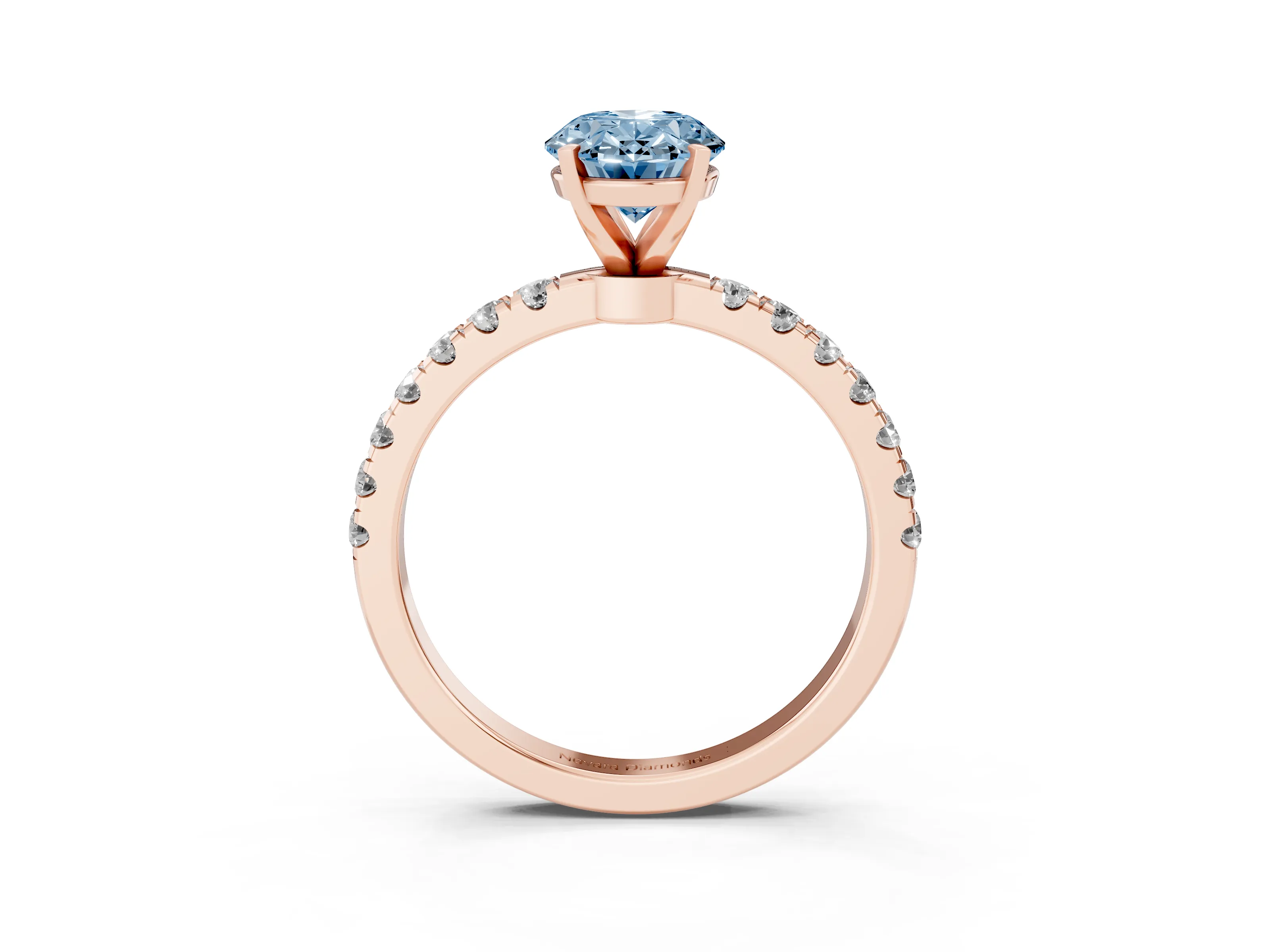 Fancy Blue Oval Cut Diamond Solitaire Ring Set in Rose gold with Pavé Accents and Prong Setting